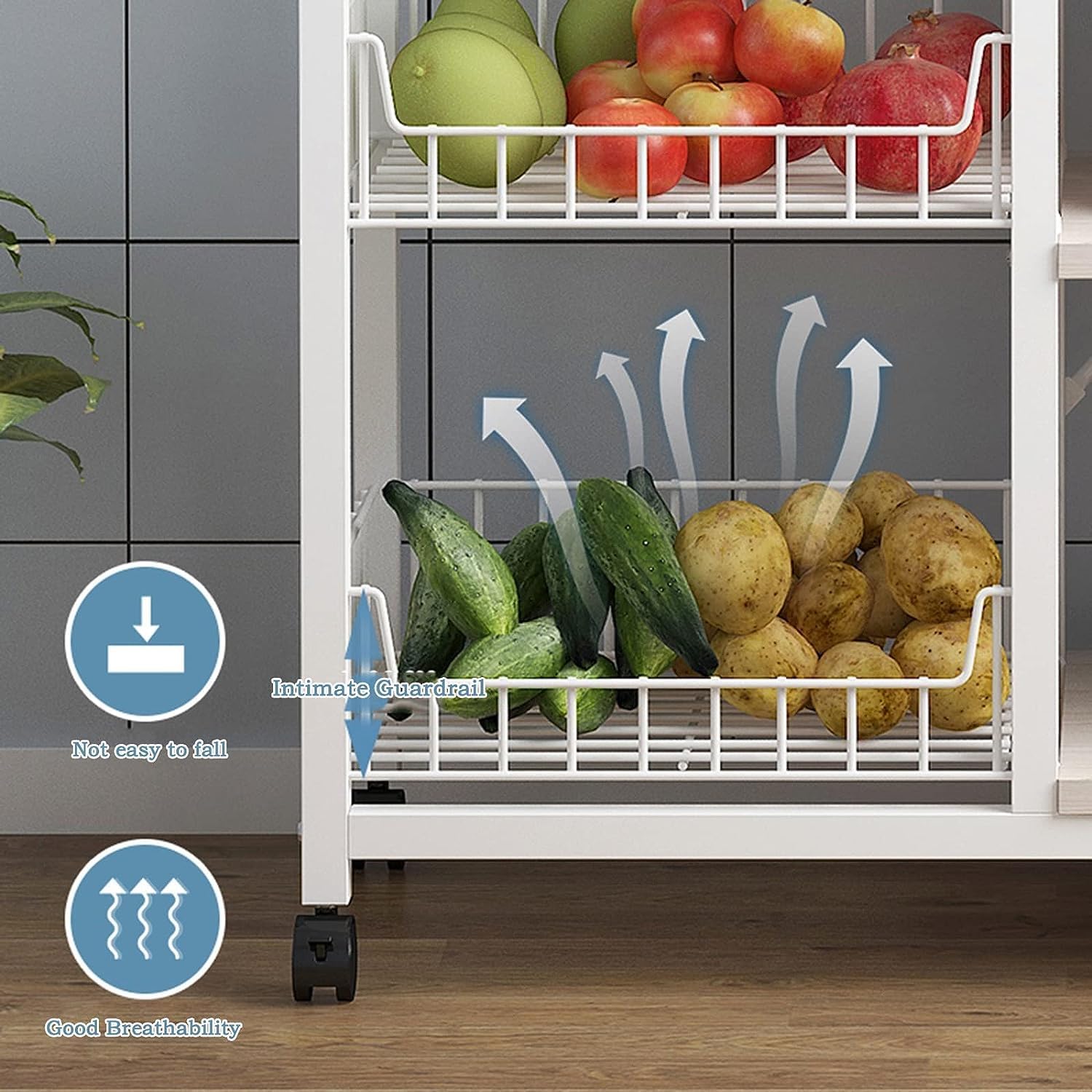 Close-up of wire baskets with guardrails and arrows indicating air circulation for breathability.