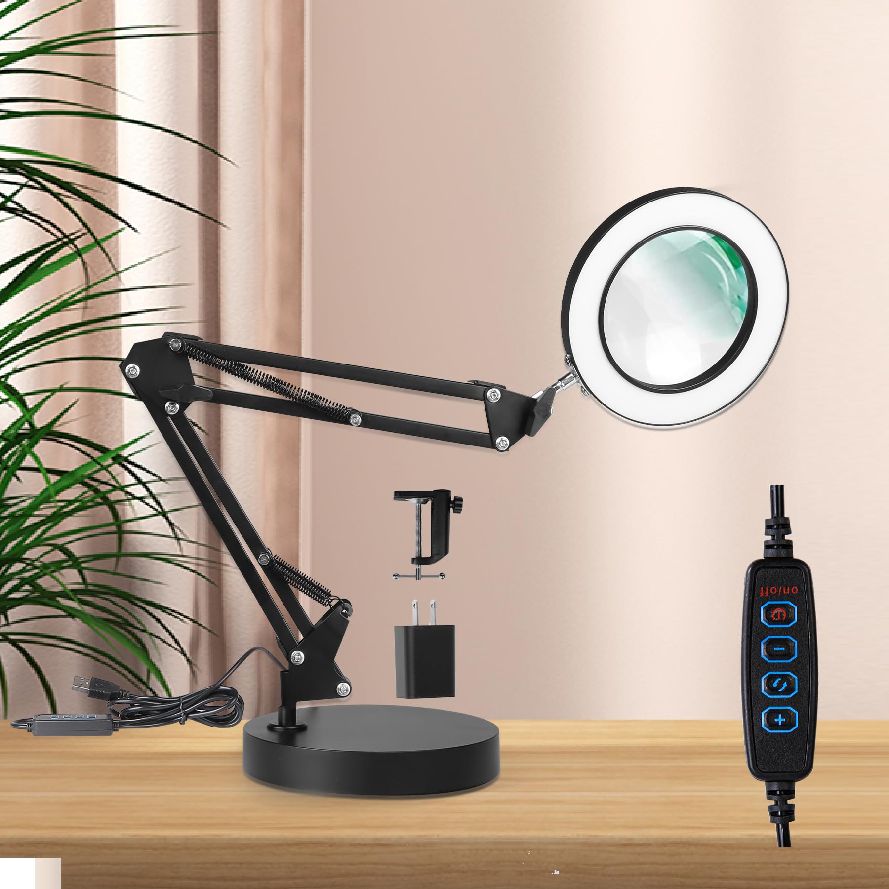 Canmeijia With Base 10X Magnifying Glass With Light,Dimmable Led Magnifying Lamp With Color Modes,Black Magnifier With Light Adjustable Swivel Arm,Magnifying Glasses For Hobbies Reading Work(With Base) Size 3
