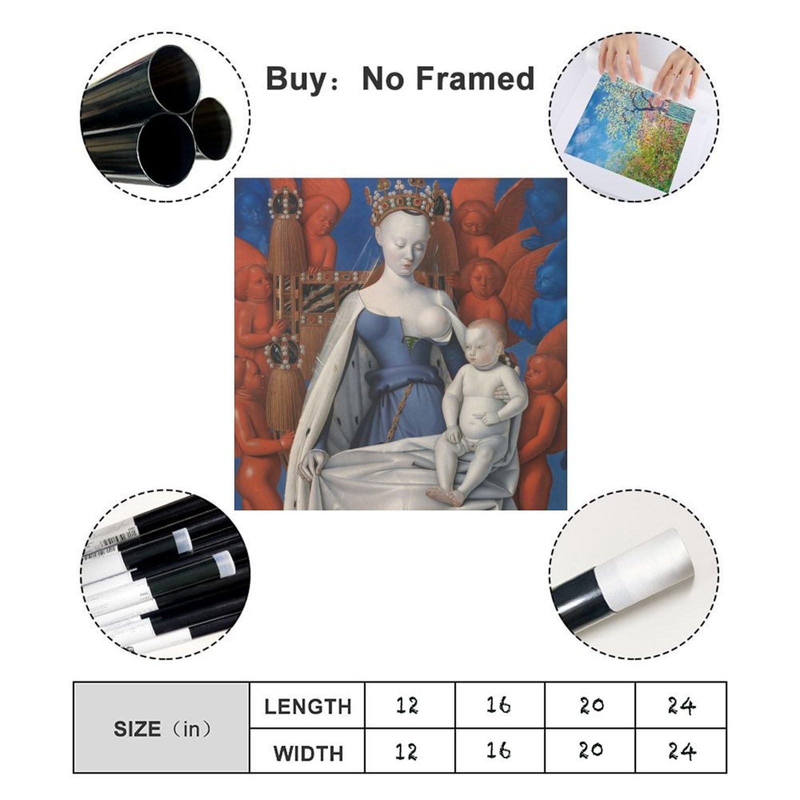 ANFOTCM Jean Fouquet, Madonna rodeada de serafines y querubines, póster impreso para habitación de adolescentes y niños, lienzo de 70 x 70 cm