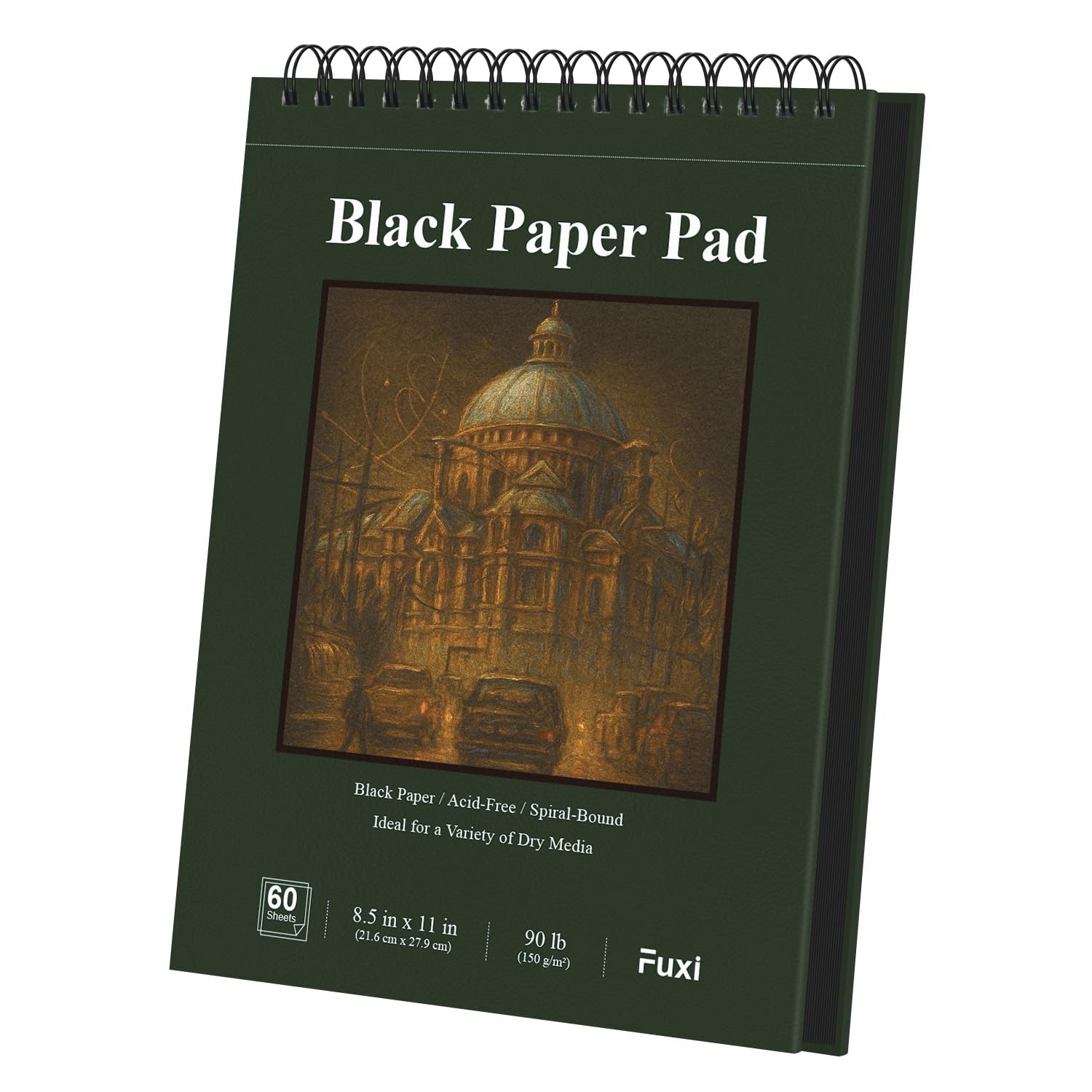 Fuxi Quaderno in carta nera, 60 fogli (100 lb/150 g/m²) a spirale, 8,5 x 11, copertina rigida, forniture artistiche per adulti, perfetto per penne gel e pennarelli acrilici.
