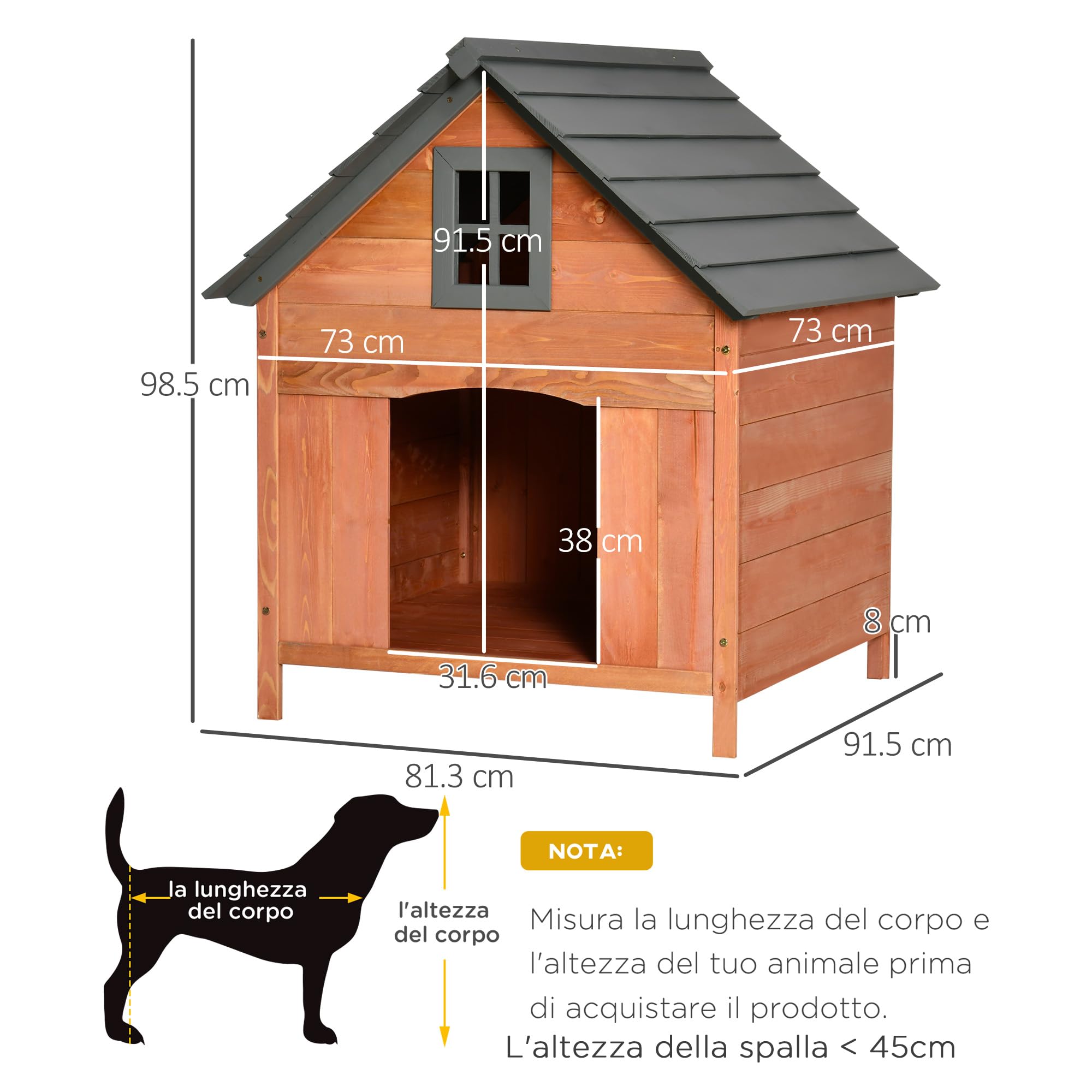 Casetta Rialzata per Cani fino a 30 kg, Cuccia per in Legno (81.3x91.5x98.5 cm) | Cuccia per Cani Gatti, da Esterno, in Legno di Abete
