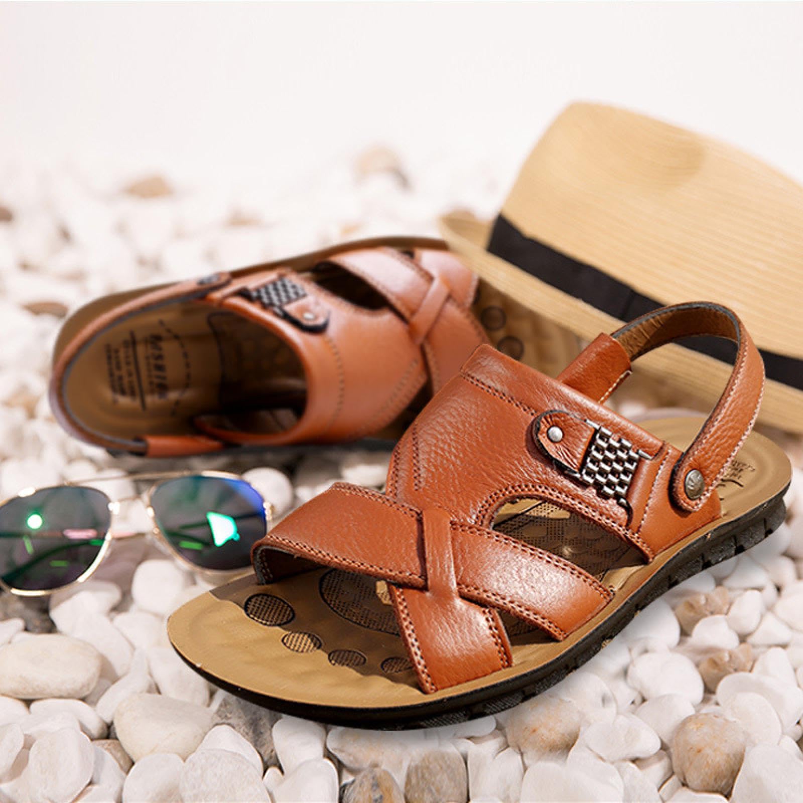 JHTZXEEI Men's Plus Size Leather Flat Beach Sandals Casual Slippers