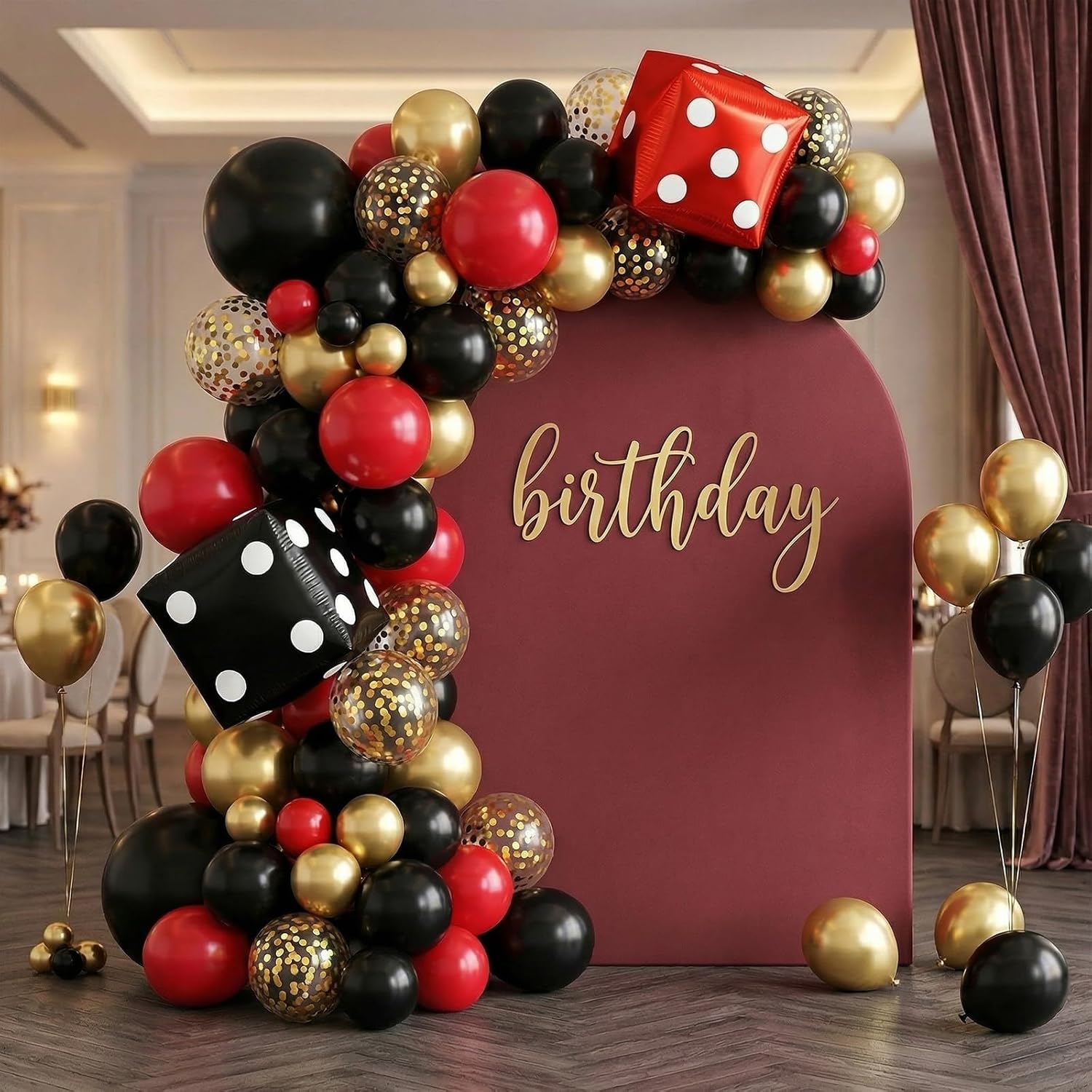 Red Black Gold Balloon, 22 Inch Dice Foil Balloons, Metallic Gold Confetti Balloons for Dice Game Night Carnival Theme Birthday Party Decorations