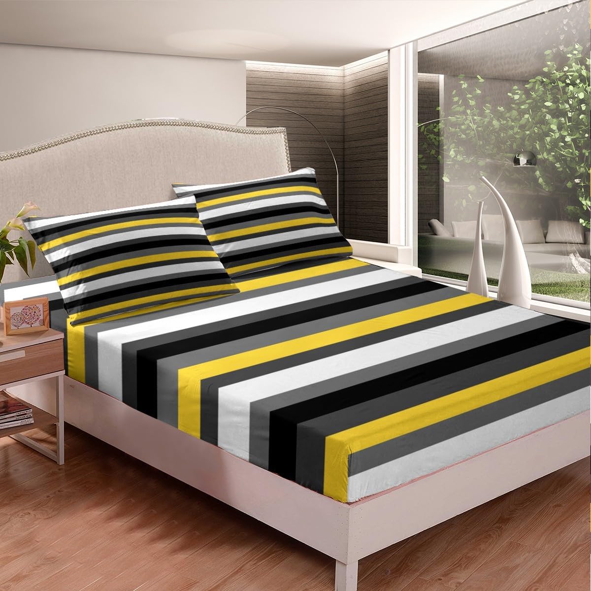 Minimalist Stripes Fitted Sheet Queen Size Yellow Black White Bedding Set Modern Stripe Sheet Set,Art Lines Bed Cover Ultra Soft Breathable Bedspread 3 Pcs for Kids Teens Boys