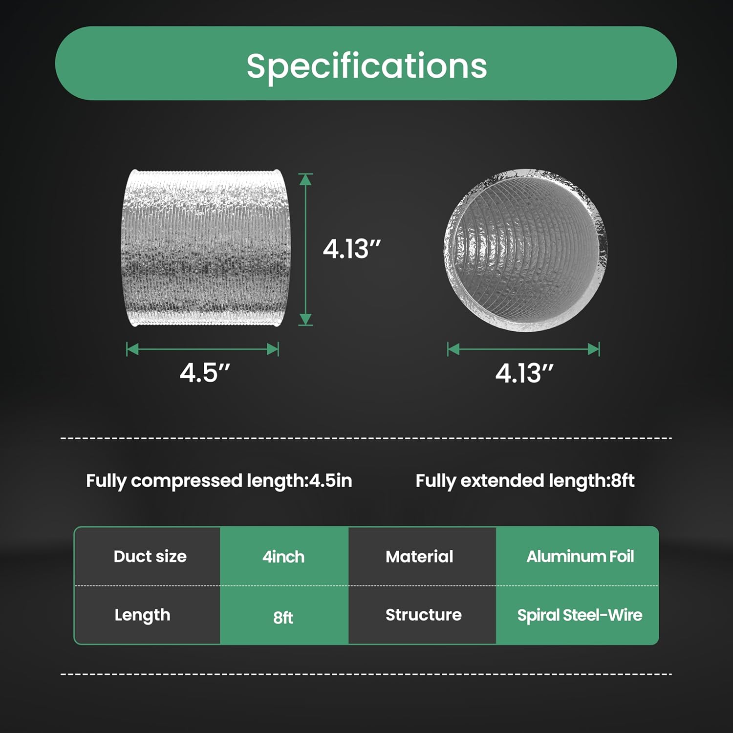 HealSmart 4 Inch 8 FT Flexible Aluminum Duct, Equipped with 2 Clamps and 3 Layers of Protective Drying Tube for Heating Cooling Ventilation and Exhaust Fan, Silver