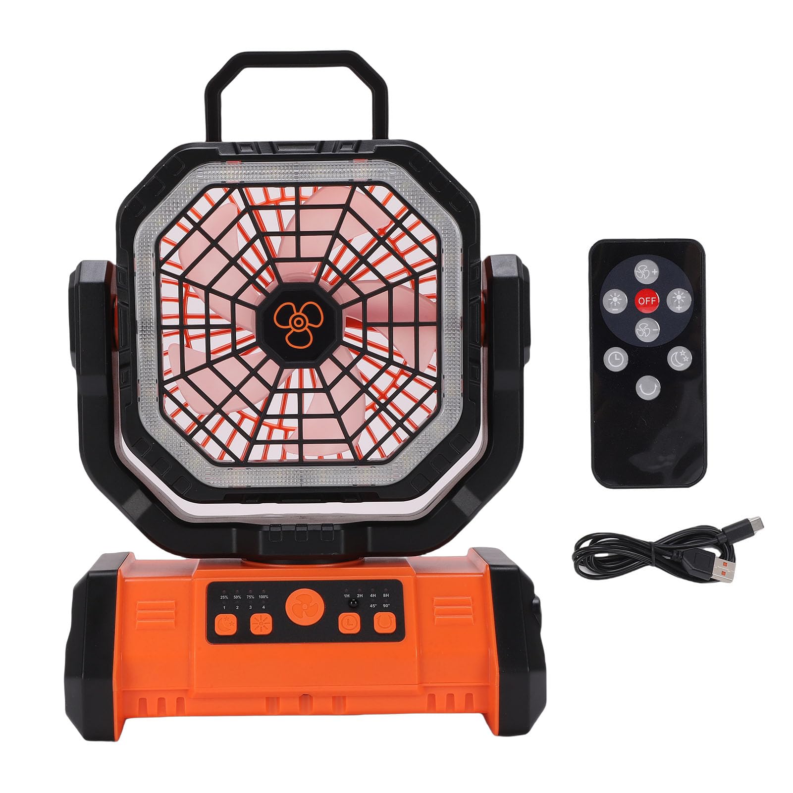 Ventilatore da campeggio con luce LED e telecomando, 4 velocità del, 3 livelli di luminosità, 58 ore di raffreddamento, batteria ricaricabile da 20000 mAh, con gancio per