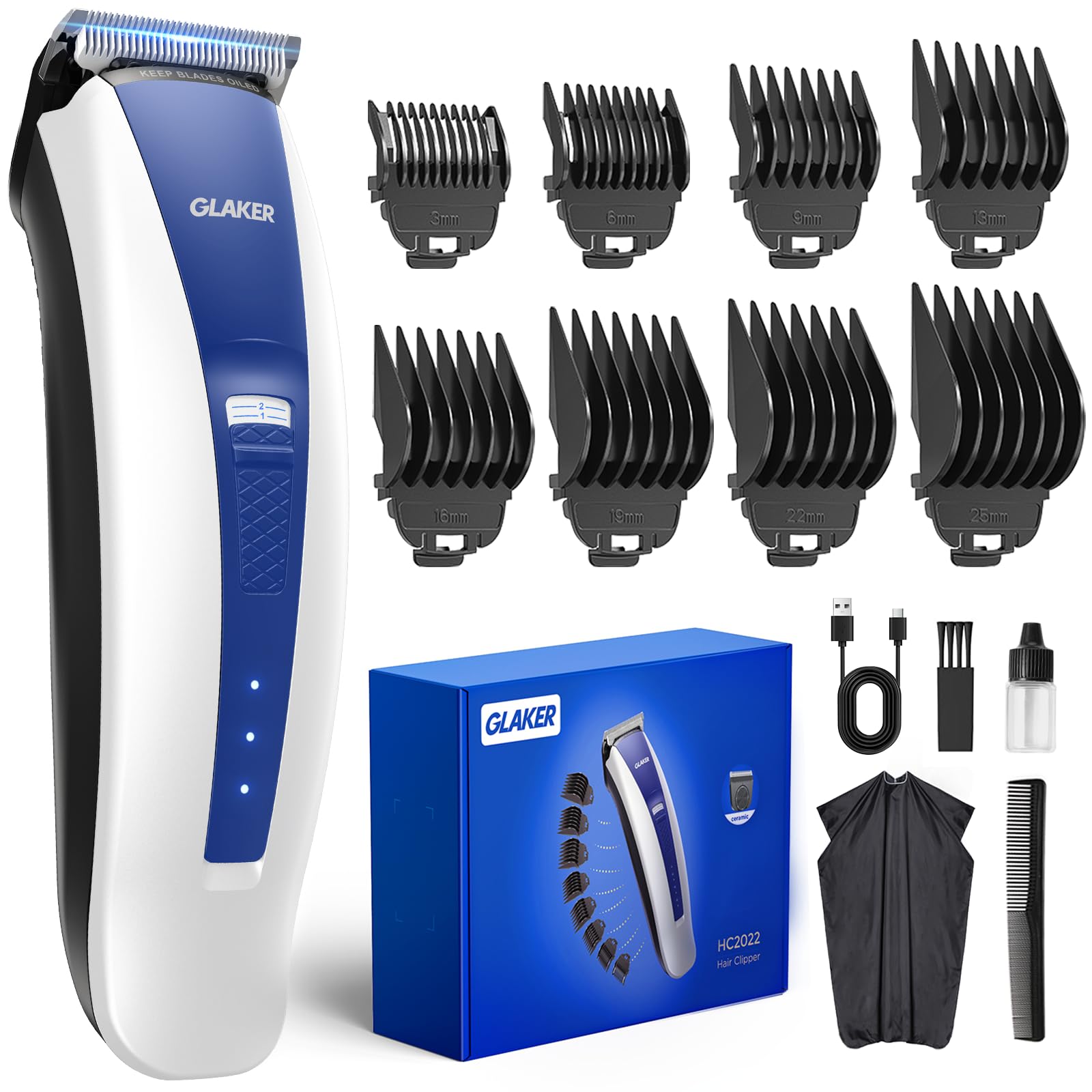 GLAKER Hair Clippers for Men - Cordless 2 in 1 Versatile Hair Trimmer with 10 Guards, Detachable Blades & Turbo Motor, Professional Mustache Grooming Kit for Barbers, Ideal Gifts for Men