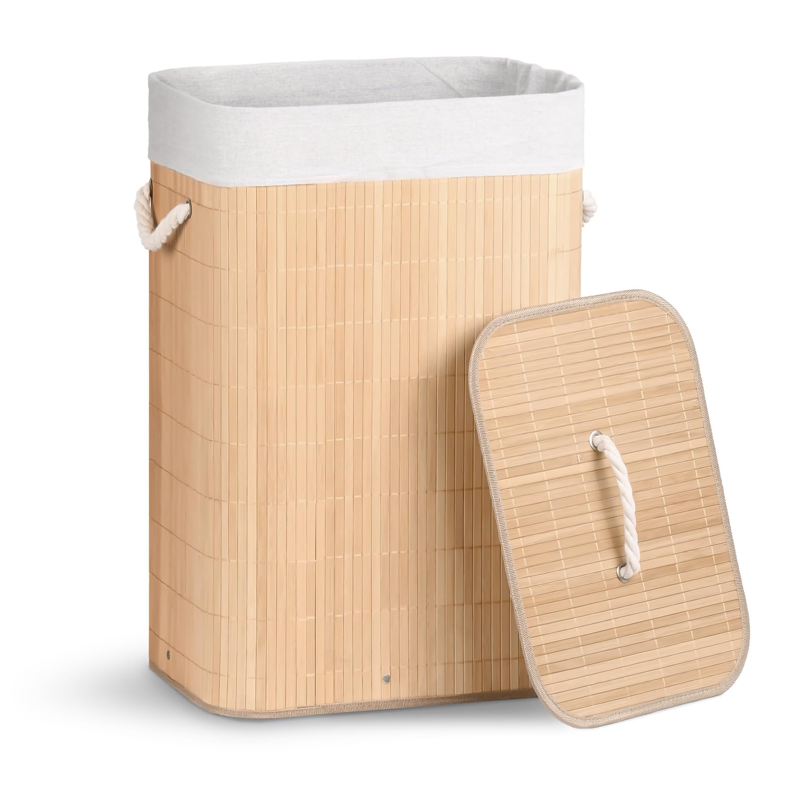 VOUNOT® 72L Bamboo Laundry Basket, Foldable Hamper with Lid, Handels and 2 Removable Liners, Ideal for Bathroom, Bedroom and Utility Room, Natural Beige