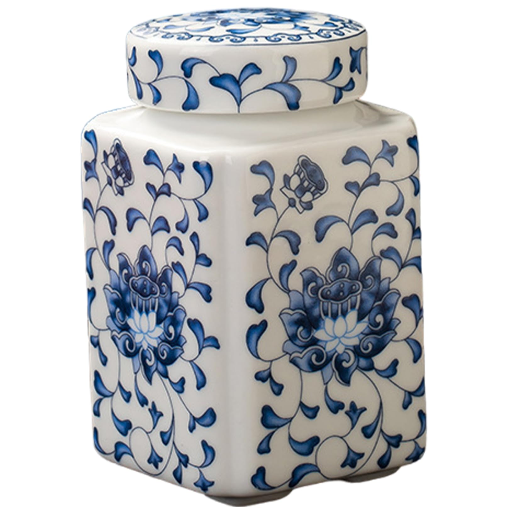 Wedhapy Ginger Jar Blue and White Ginger Jars, 200ml Ceramic Jar with Leakproof Lid, Square Chinoiserie Vase for Home Decor, Flower Display and Tea Storage