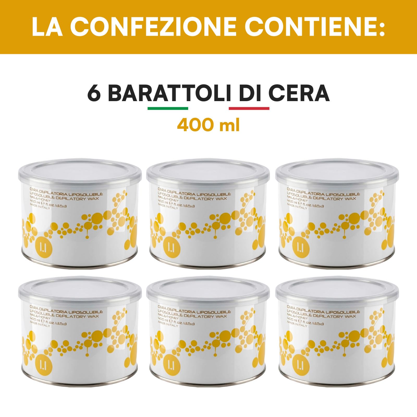 Cera Depilatoria Liposolubile al Miele, Ceretta Professionale Lenitiva e Idratante, Made in Italy, Texture Morbida per Tutti i Tipi di Pelle, Ideale per Gambe Braccia e Bikini - 6 Barattoli da 400ml