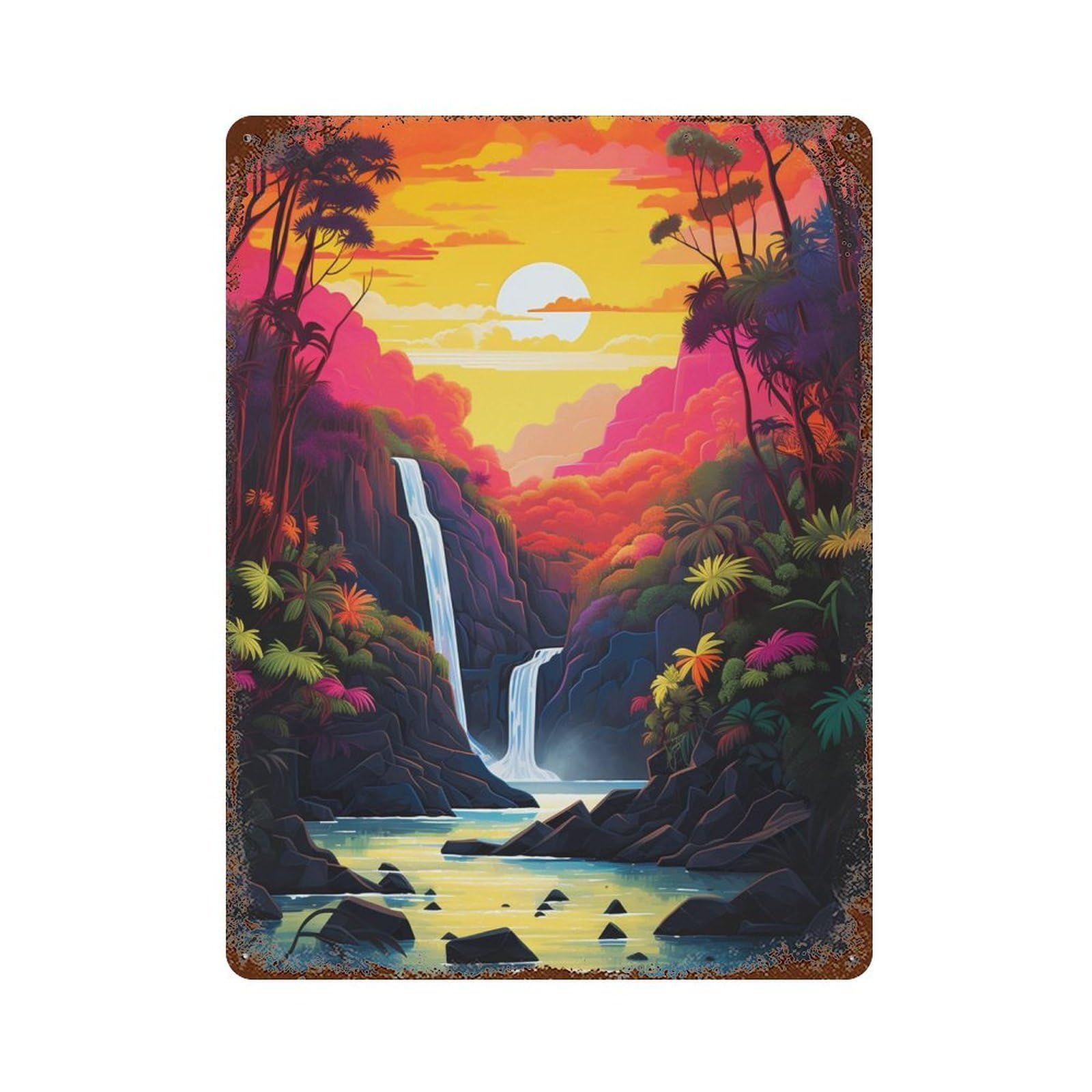 Tropical Sunset Waterfall Weathered Tin Sign 15.7"x11.8", Retro Wall Decor for Pub, Kitchen And Man Cave Decor