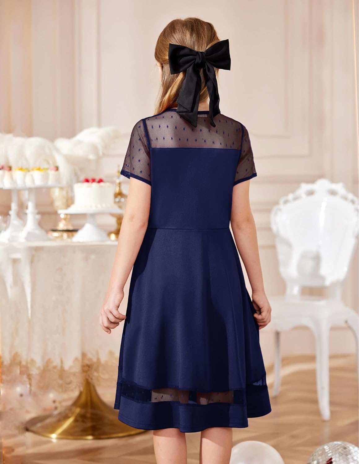 Arshiner Tween Girls Dress Formal Contrast Mesh Short Sleeve A Line Party Dresses with Pockets for 5-12 Years - Image 5