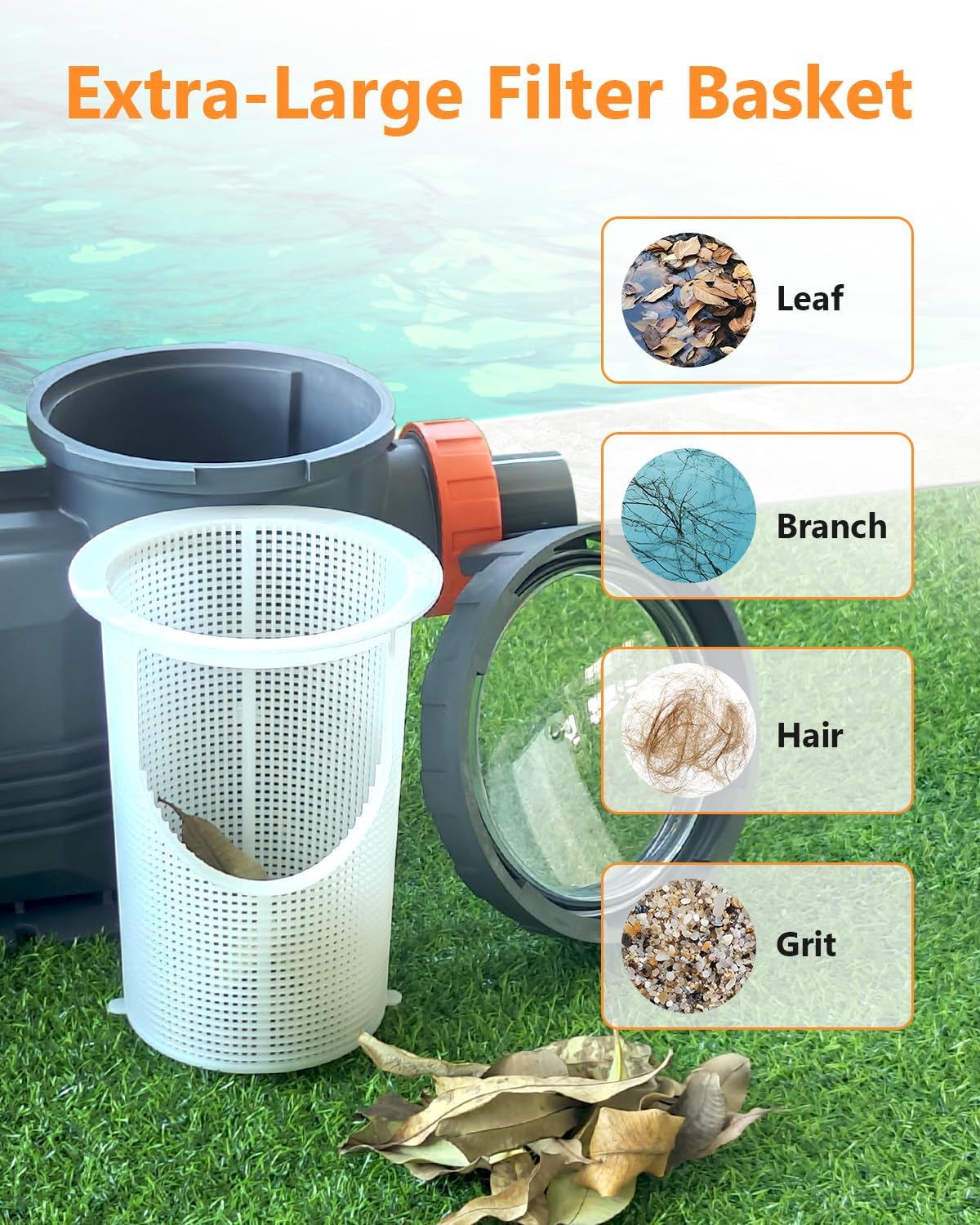 Image showing the Varpoolfaye pool pump's extra-large filter basket, with examples of debris it collects such as leaves, branches, hair, and grit.