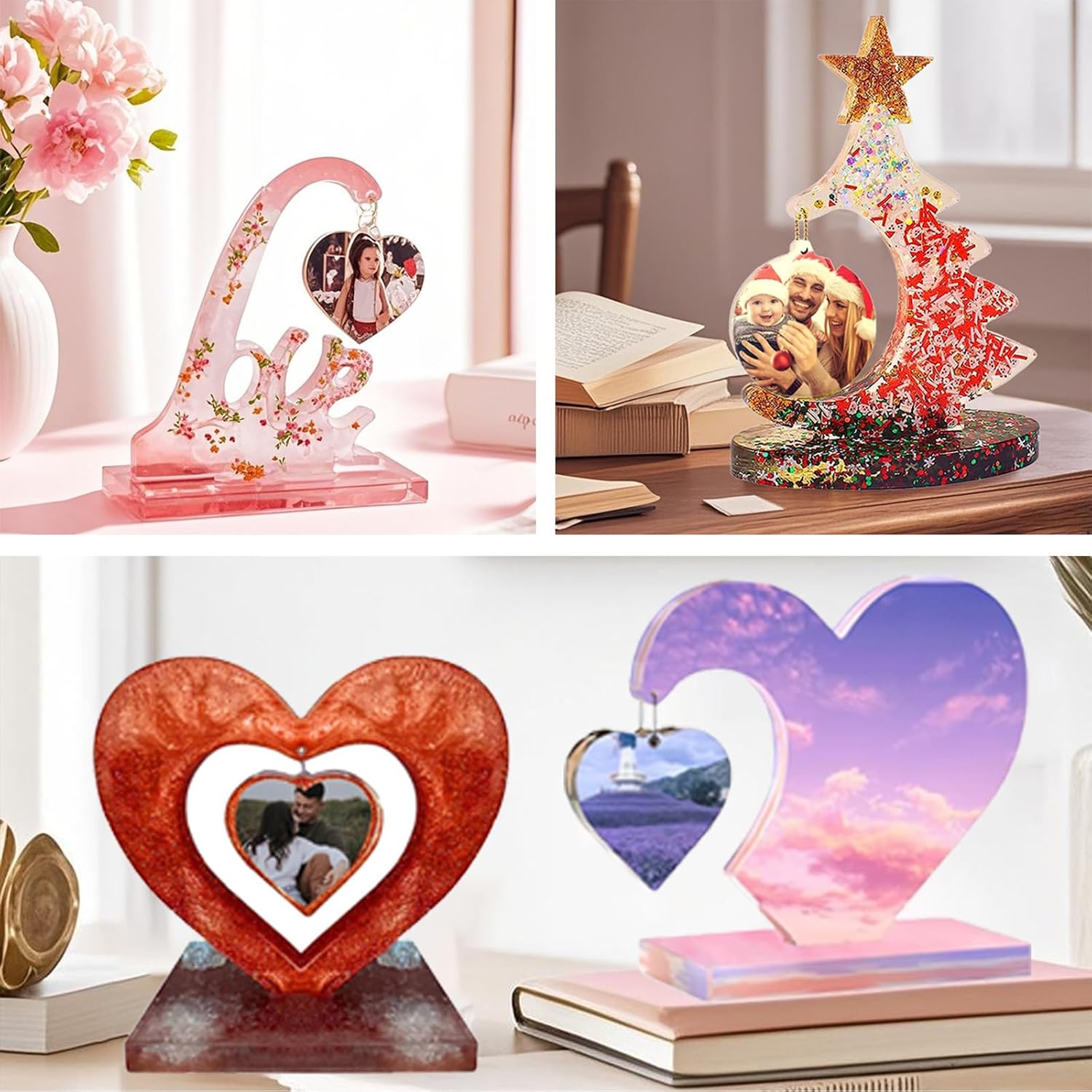 Set of 4 Photo Frame Silicone Resin Molds - Heart Shape, Love Letter & Christmas Tree Silicone Molds for Epoxy Resin, DIY Picture Frame Resin Casting Molds, Art Crafts Table Home Decor Gifts