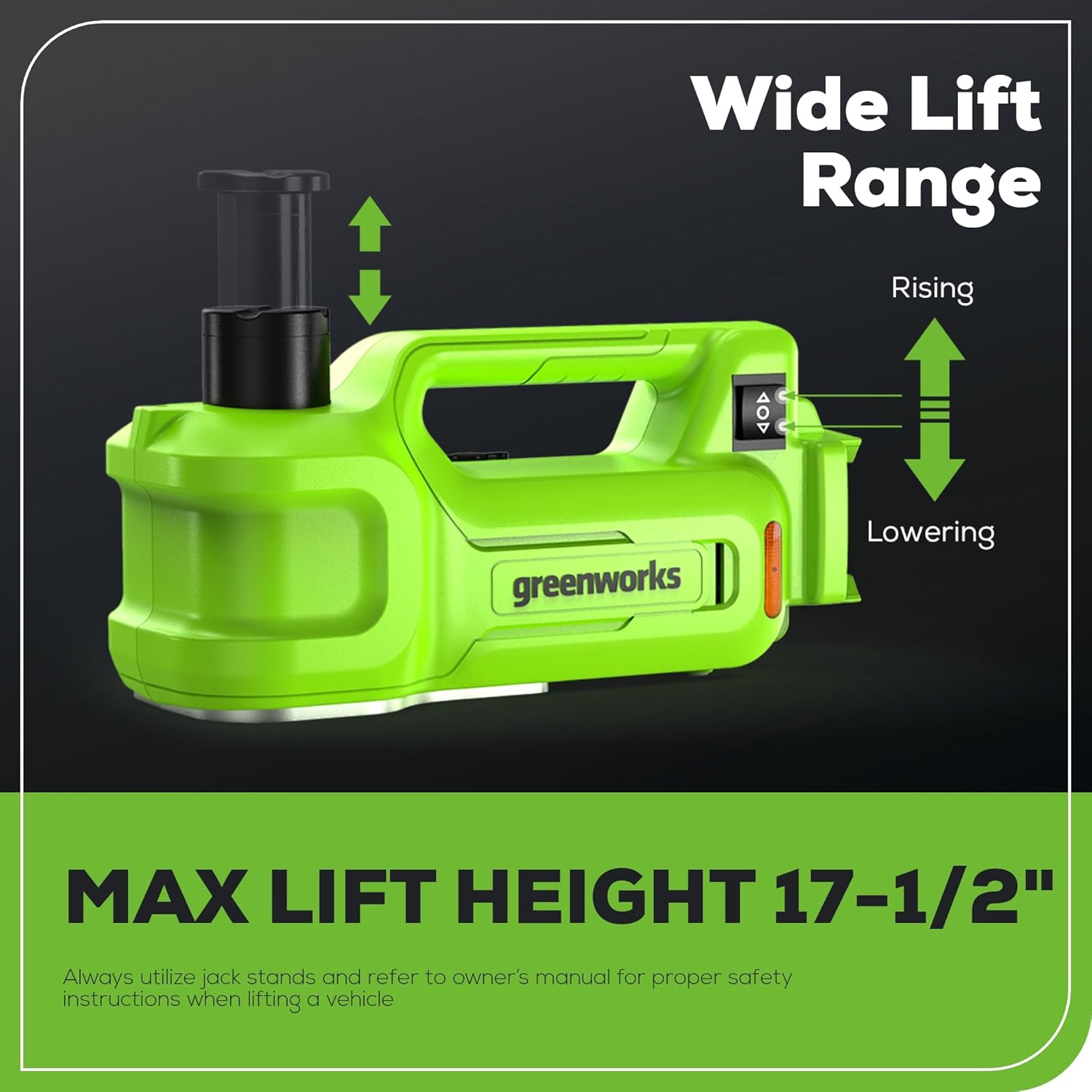 Greenworks 24V Cordless Car Jack showing wide lift range