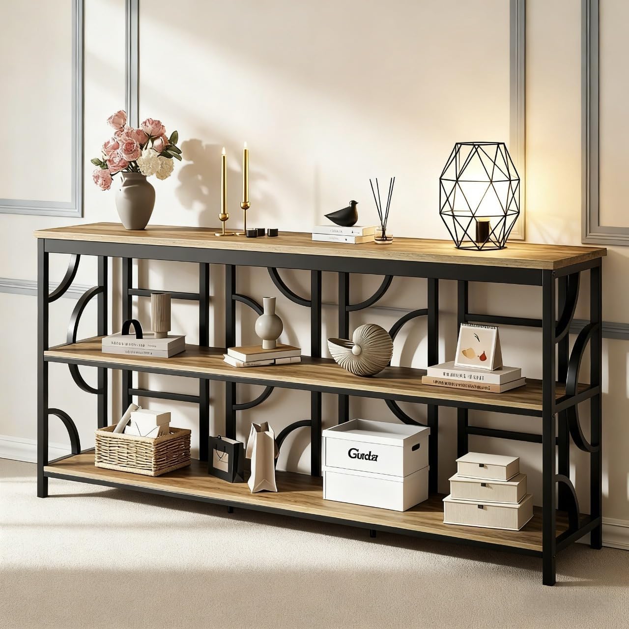 70.9-Inch Industrial Sofa Table, Extra Long Console Table Behind Couch with 3-Tier Storage Shelves, Rustic Brown Finish for Entryway, Living Room, Foyer, Hallway, and Office