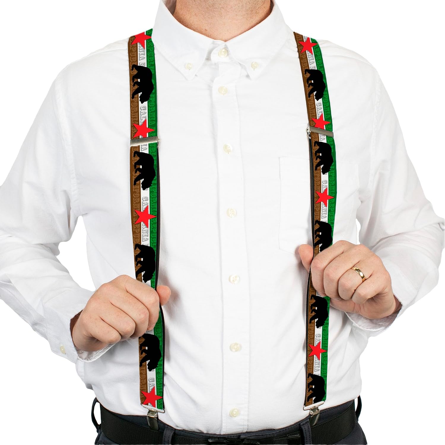 Buckle-Down Suspenders, Cali Bear Star California Republic Green White Brown Black