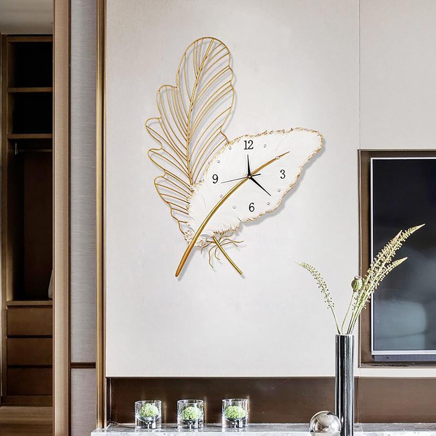 Genérico Reloj de Pared Grande para Decoración Moderna, Reloj Digital, Relojes de Pared Metálicos con Arte de Plumas, Reloj Silencioso de Lujo para Salón, Dormitorio, Oficina, Hogar