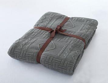 Home-organizer Tech 100-percent Cotton Cable Knitted Woven Soft Throw Sofa/Bedding/Couch Cover Blanket with Sherpa Lining for All Season 47" by 59", Gray