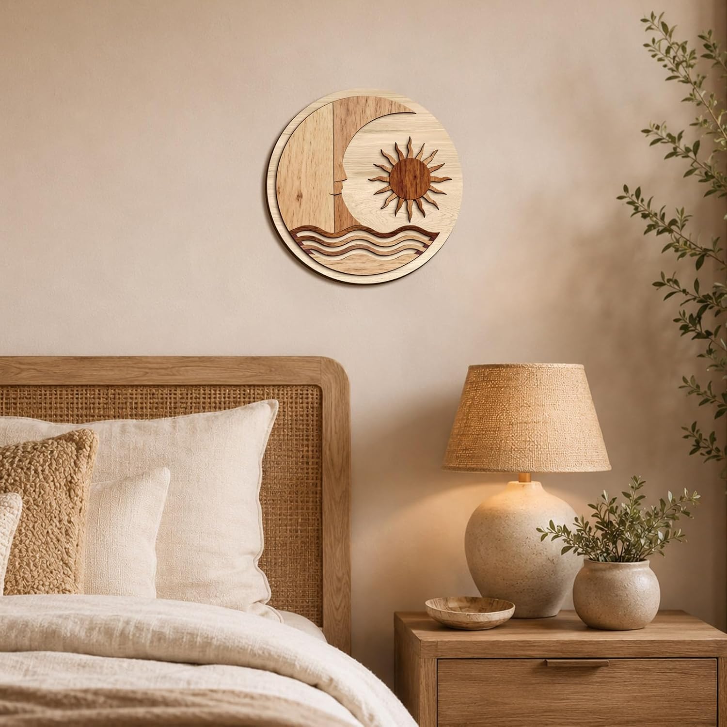 Kercan Sun and Moon Round Wood Wall Decor, 11.8 Inch Boho Entryway Wall Art
