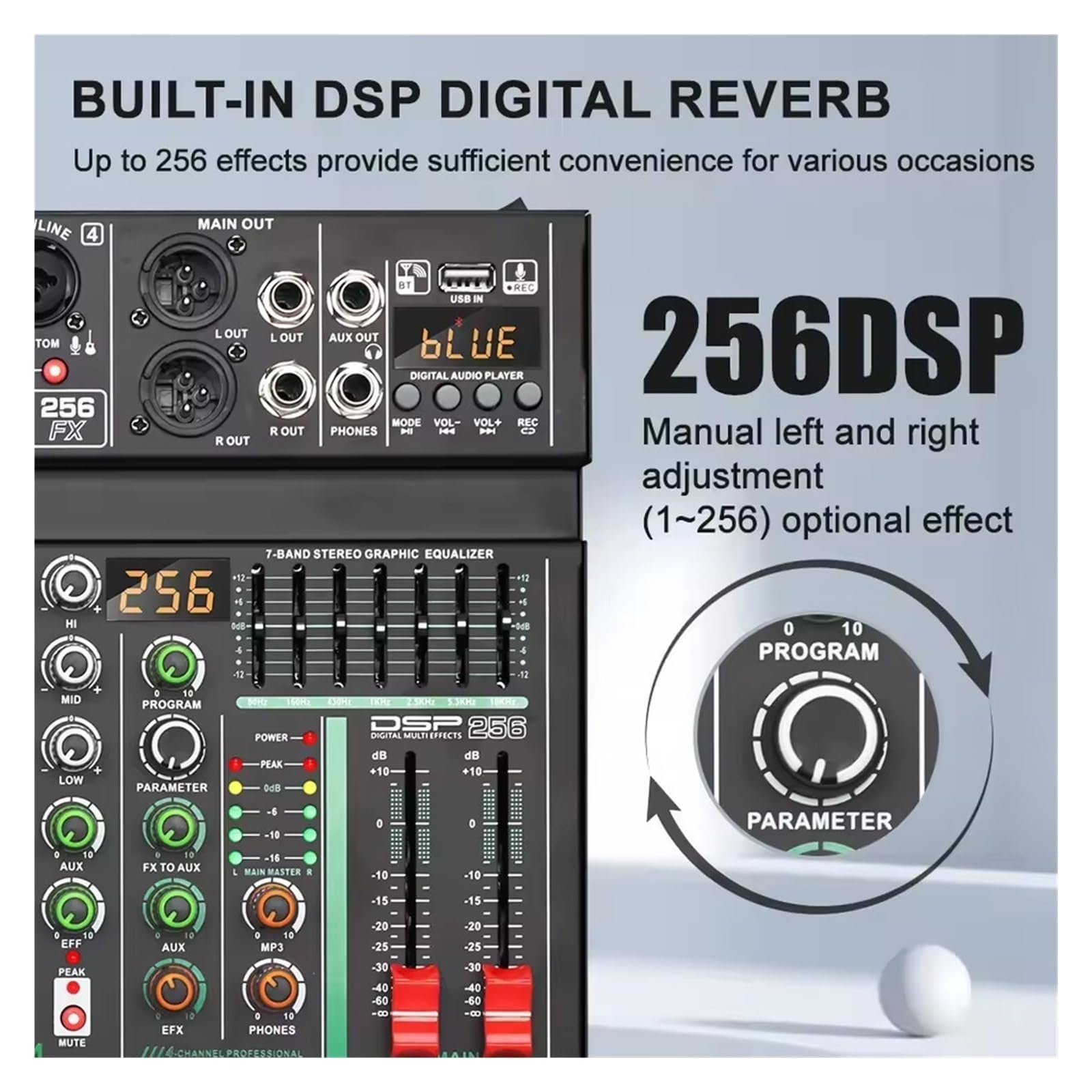 4-kanałowy mikser kontrolera DJ z 256 efektami DSP, interfejs audio USB, konsola miksująca Bluetooth 5.0 z zasilaniem fantomowym 48 V do nagrywania i transmisji na żywo