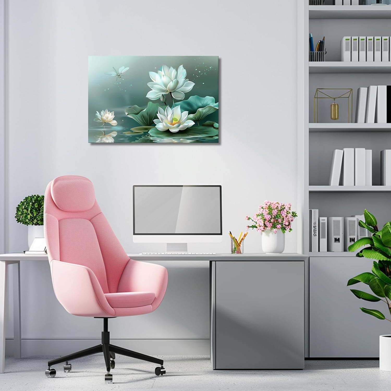 SWQYLB Zen Bathroom Wall Decor Lotus Wall Art Water Lily with Dragonfly Canvas Prints Green Spa Paintings Meditation Spiritual Yoga Decor Framed (12.00" x 18.00")