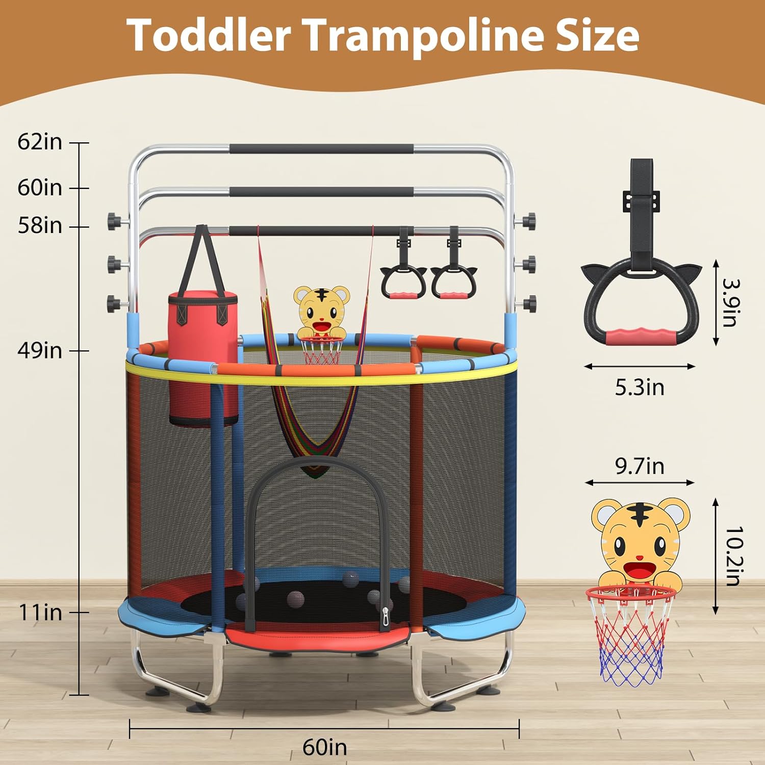 60" Trampoline for Kids with Safety Net, 440lbs Indoor & Outdoor Toddler Trampoline with Swing, Adjustable Gym Bar & Basketball Hoop, Fun & Active Play for Boys & Girls