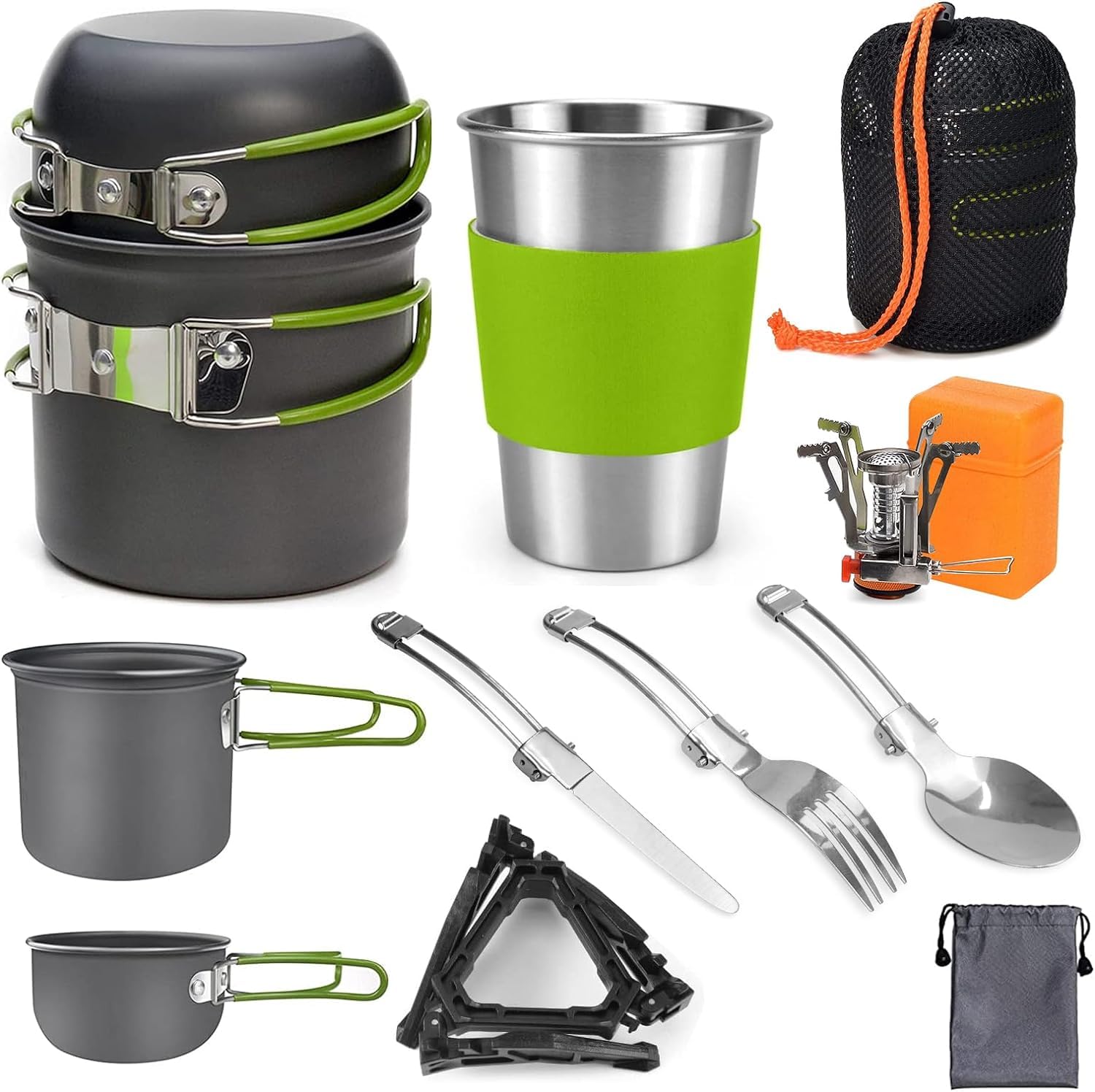 Pentole da Campeggio,9 Pezzi Set di Gavetta Campeggio,Kit Pentole Cucina per Campeggio con Fornello da Campeggio,Tazza,Posate Pieghevoli,Moschettone,Ideale per Picnic Escursioni Pesca Barbecue