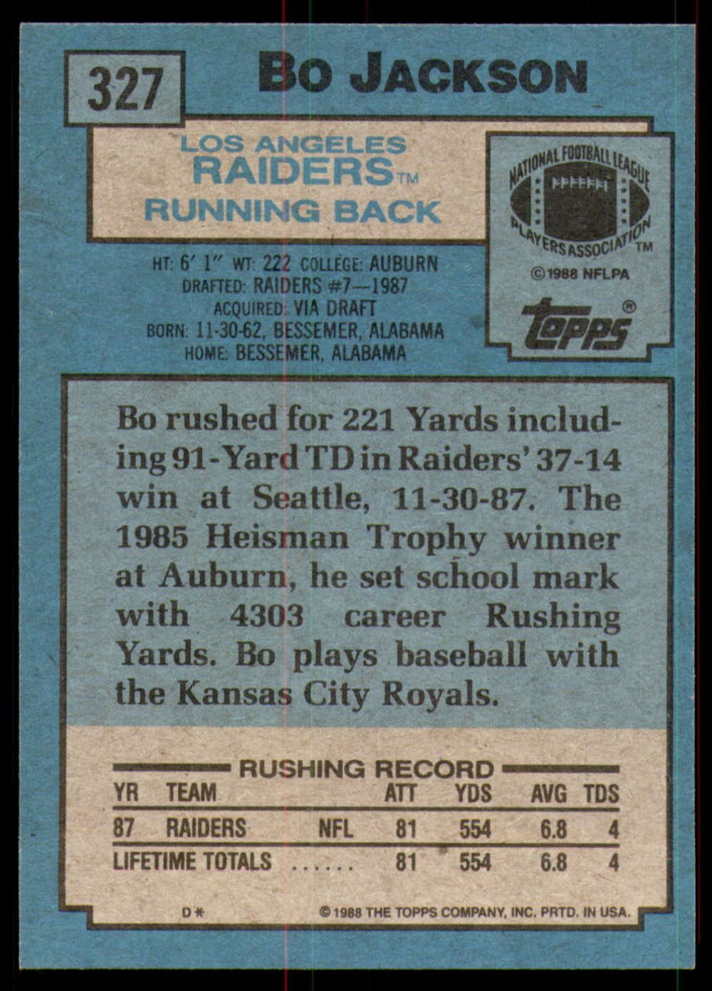Amazon.com: 1988 Topps Football #327 Bo Jackson RC Rookie Card Los Angeles  Raiders Official NFL Trading Card : Collectibles & Fine Art