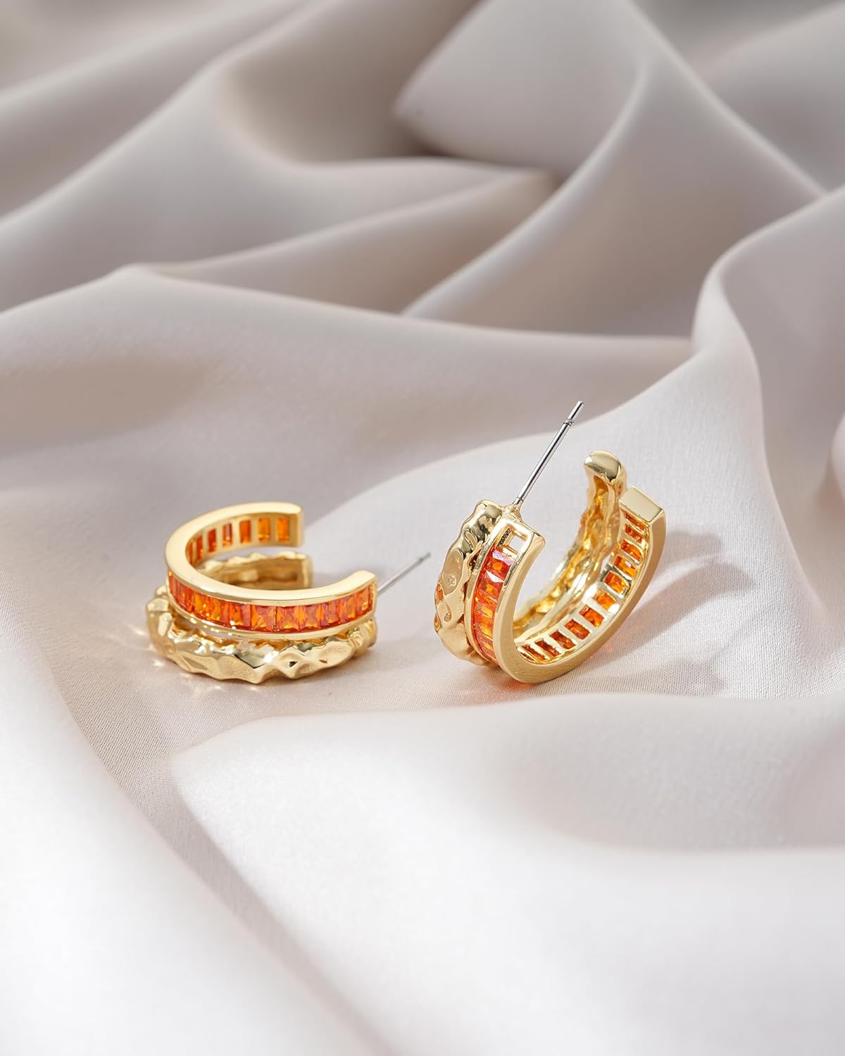 Double Hoop Earrings for Women Trendy, Hammered 18K Gold Plated Hypoallergenic Green Black Orange Statement CZ Earrings Jewelry Gifts for Women - Image 6