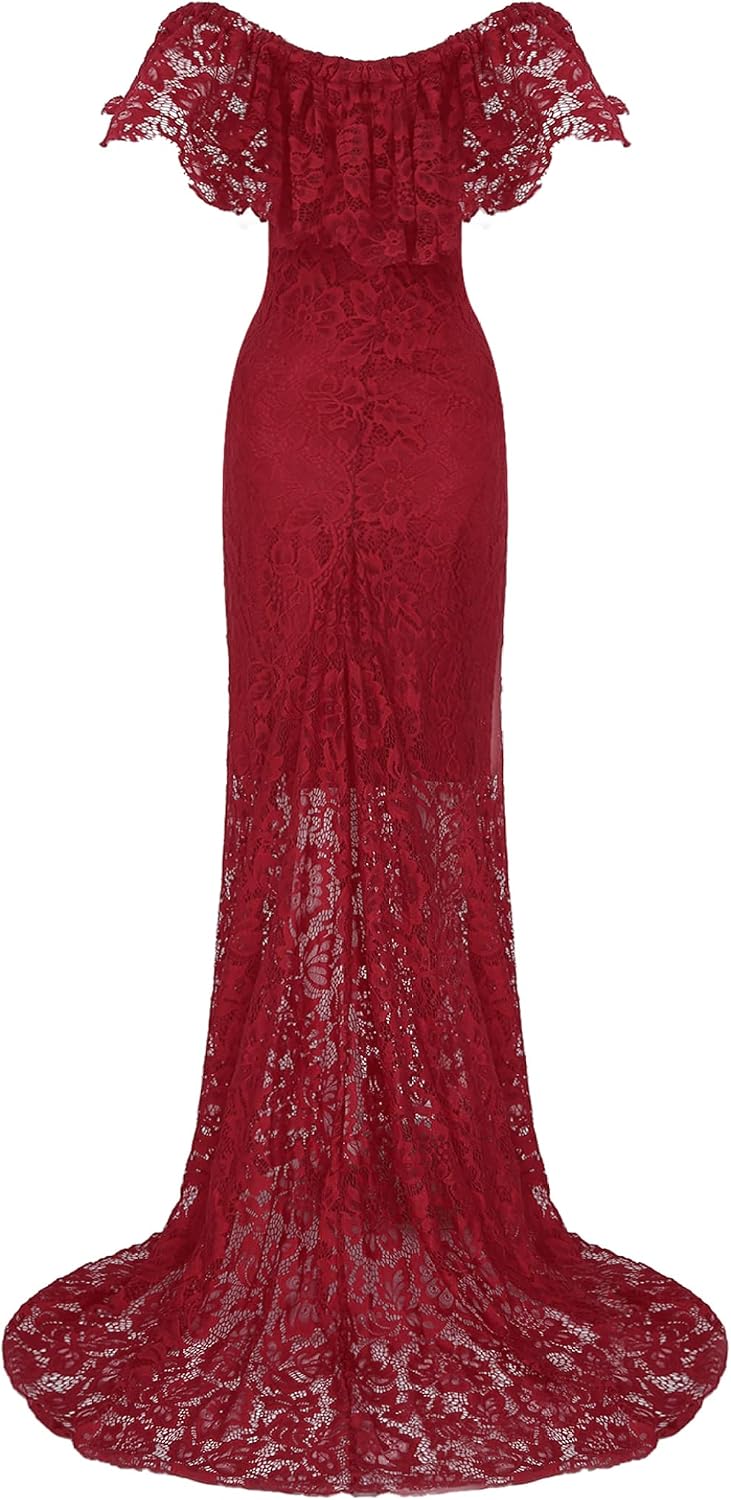 Women's Maternity Off Shoulder Ruffle Sleeve Lace Gown Photography Maxi Dress