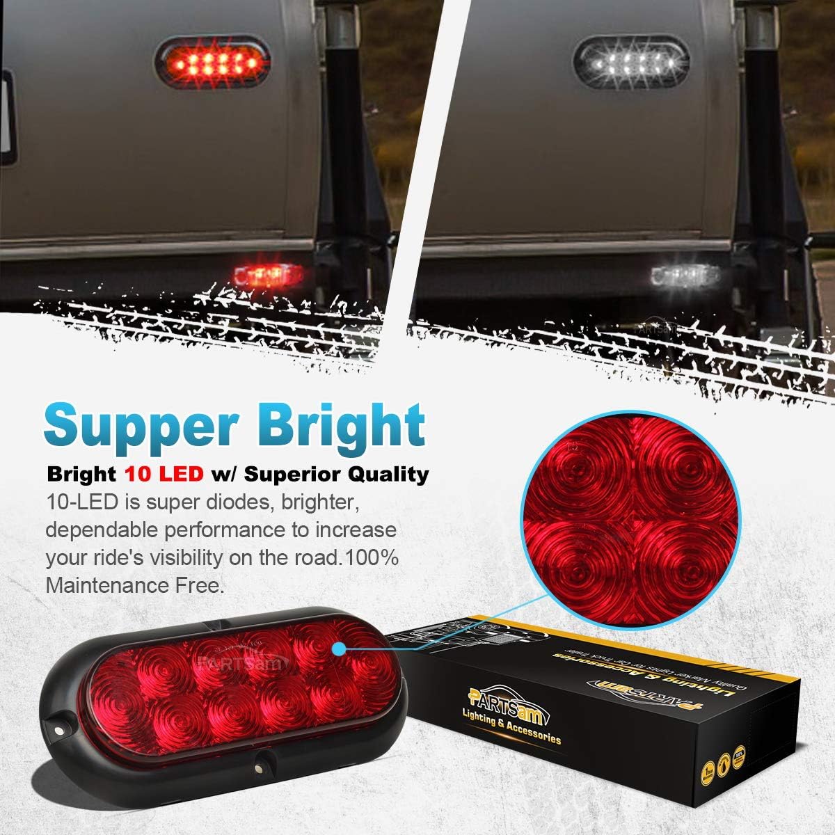 Partsam 4Pcs 6 Inch Oval Led Trailer Tail Lights Kit 10 LED Flange Mount Waterproof 12V Sealed RV Trucks Led Stop Brake Turn Reverse Back Up Trailer Lights Surface Mount (2Red+2White)