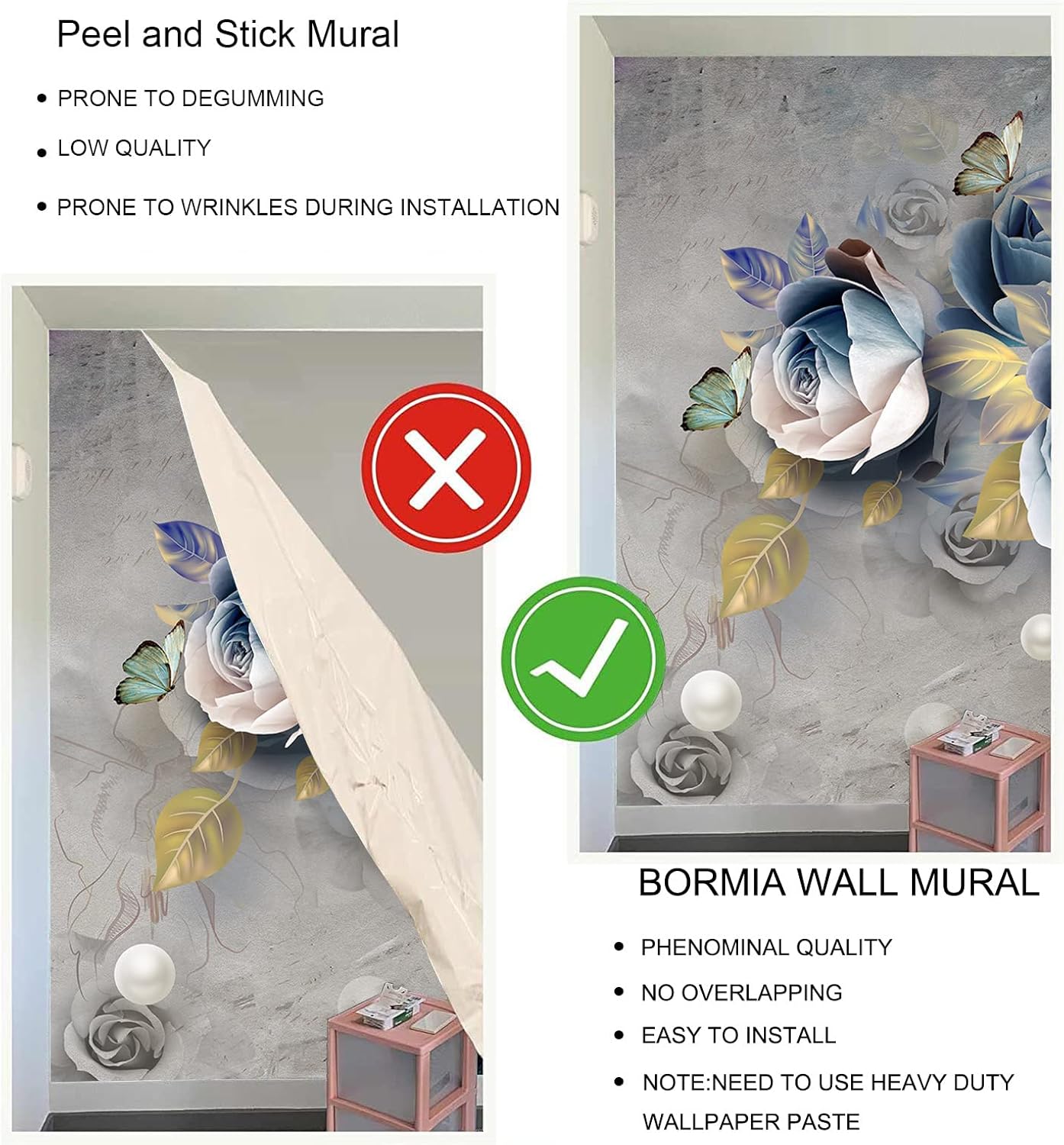 Bormia 3D Embossed Rose Wall Mural Hand Painted Watercolor Floral Mural Wallpaper Luxury Pearl Retro Rose Home Decor for Living Room Bedroom TV Background Kids Girls Rooms Decoration