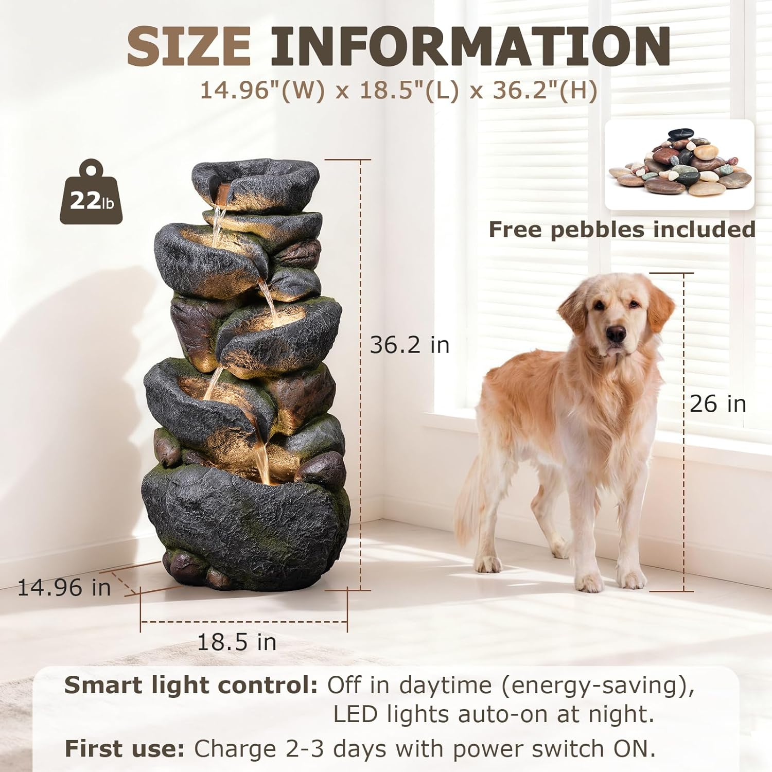 5-Tier Rock Solar Water Fountain Outdoor Garden, 36.2''Tall Cascading Natural Solar Powered Fountain Outdoor with LED Lights, Water Feature for Garden, Patio, Deck, Backyard Decor