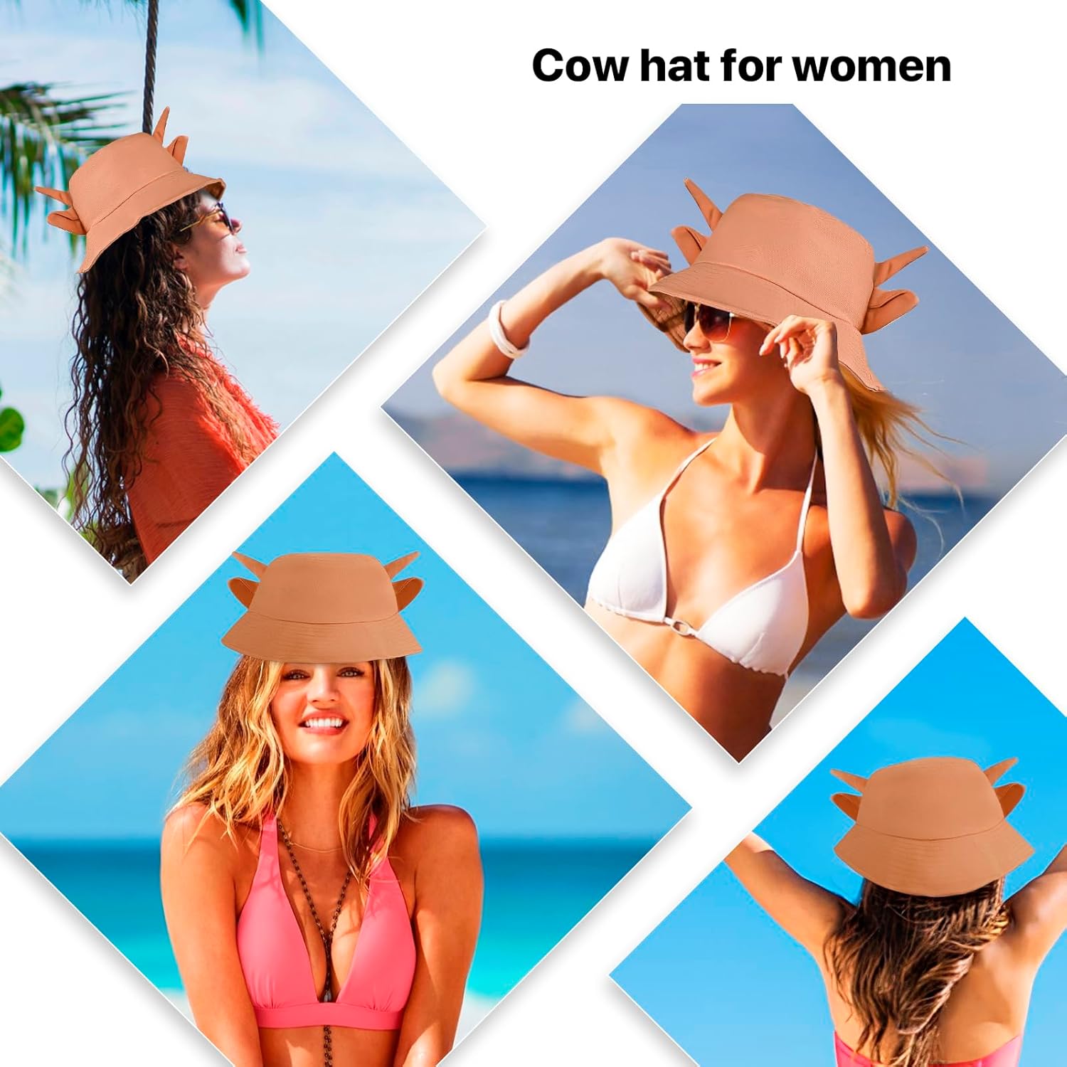 Cow Print Bucket Hat with Cute Horn Ears Cow Print Summer Beach Sun Hat Fisherman's Cow Bucket Hat - Image 7