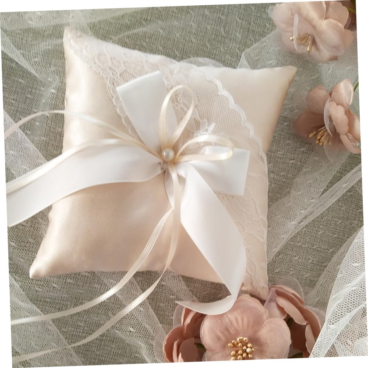 Engagement Ring Bearer Pillow Cushion with Artificial Pearl Decoration, 15x15cm Light Gold Satin Ribbon Wedding Party Ring Pillow for Bridal Shower and Proposal Ceremony