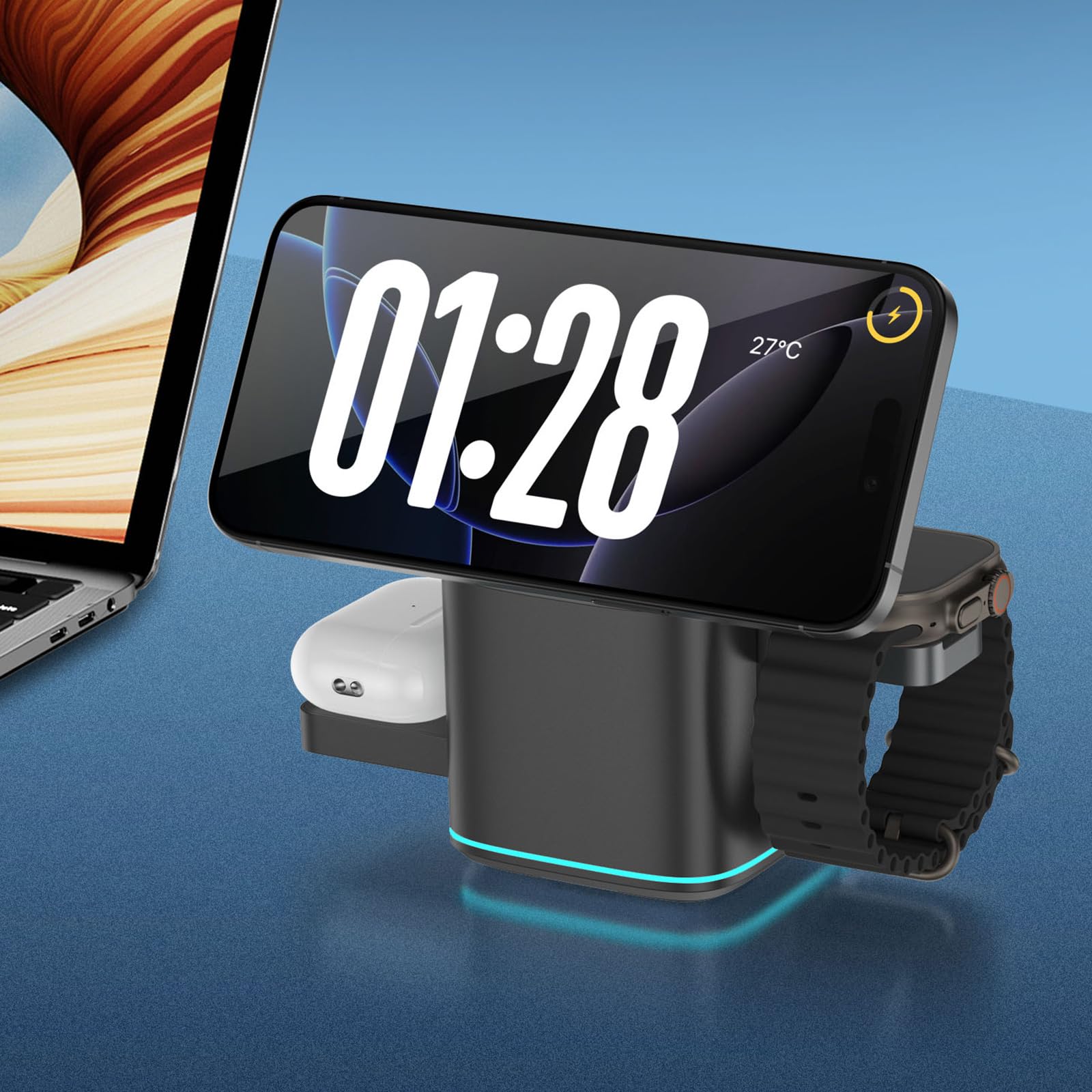 Premium Metal 3 in 1 Stazione di Ricarica 15W Ricarica Veloce Supporto Rotabile per Telefono Smartwatches Auricolari Base in Metallo Dock di Ricarica