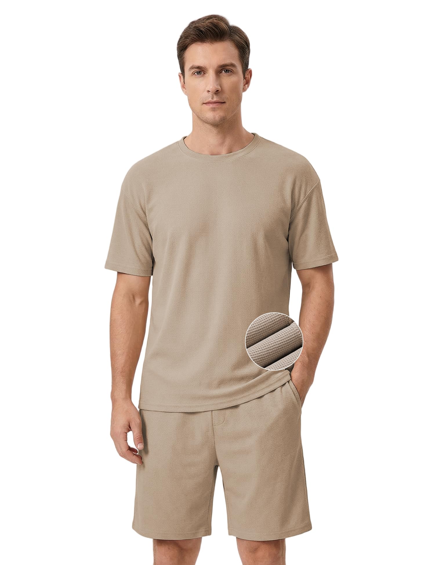 venzina Men's Waffle-Knit T-Shirt & Shorts Set Breathable Stretchable Lounge Wear Loose Fit Night Suit for Home, Travel-picture-29