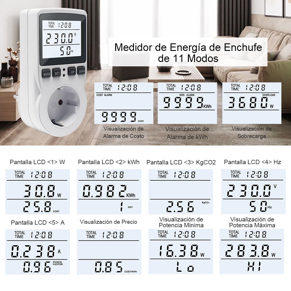 KETOTEK Medidor de Consumo Electrico, Monitor de Electricidad con Pantalla LCD Retroiluminada, Enchufe Medidor Consumo Energía 11 Modos, Protección contra Sobrecarga 3680W