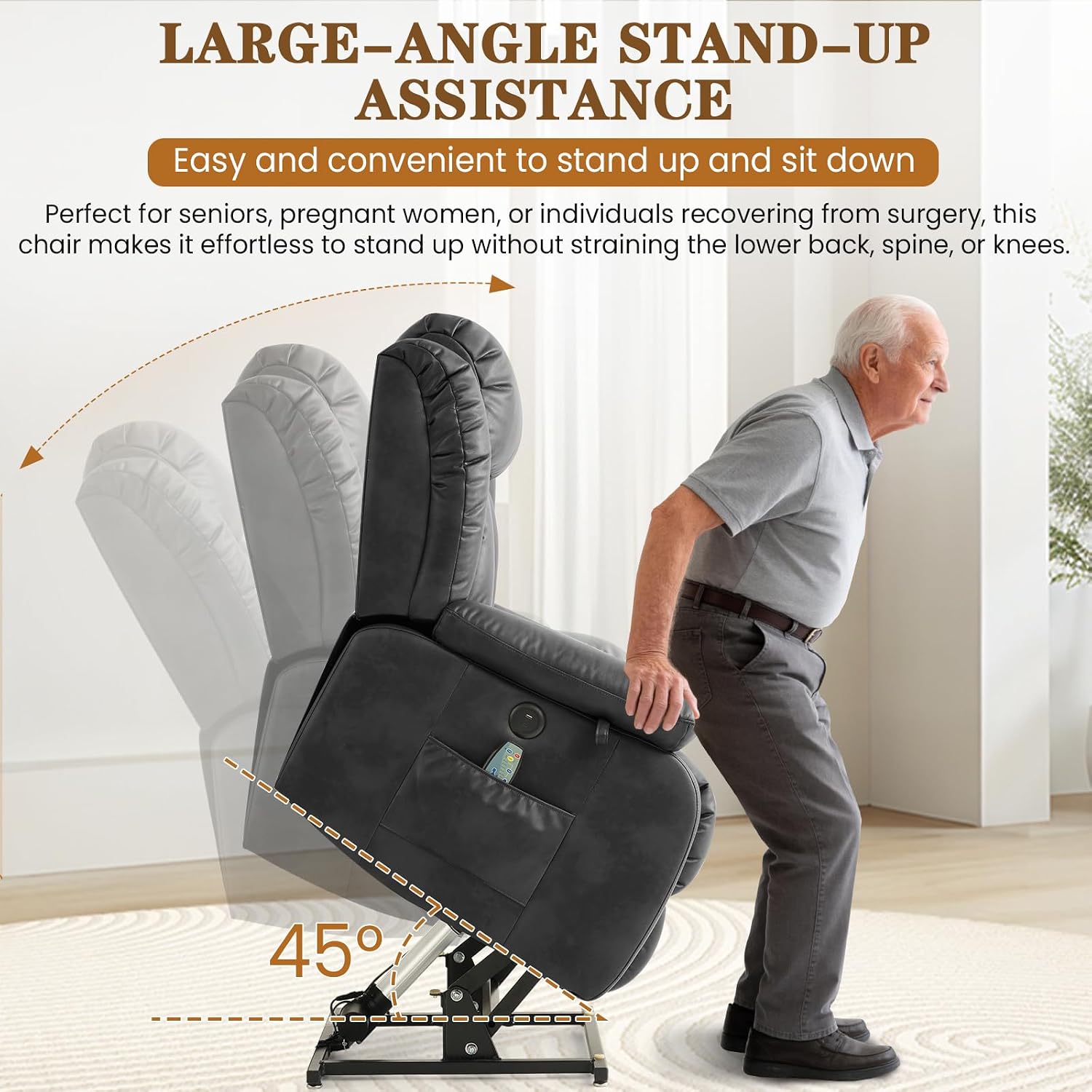 Lift Recliner Chair, Dual Motor Infinite Position Lay Flat Lift Chairs with 8-Point Massage & Heat,USB/Type-C Ports, Dual Remote Control,Heavy Duty 350lbs Capacity, Width 18.6" (Leather, Silver Grey)