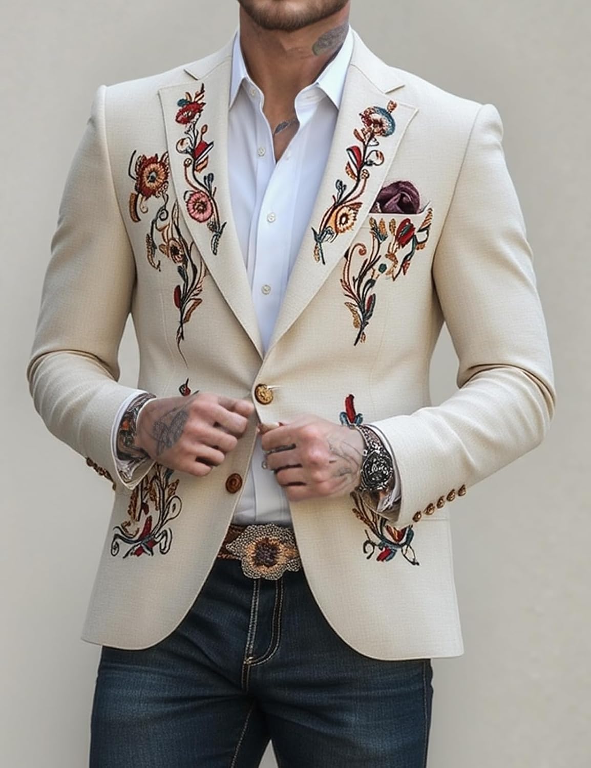 Men's Embroidered Cotton Linen Blazer,Vintage Western Style Tailored Fit Lightweight Jacket for Casual Semi-Formal Occasions - Image 3
