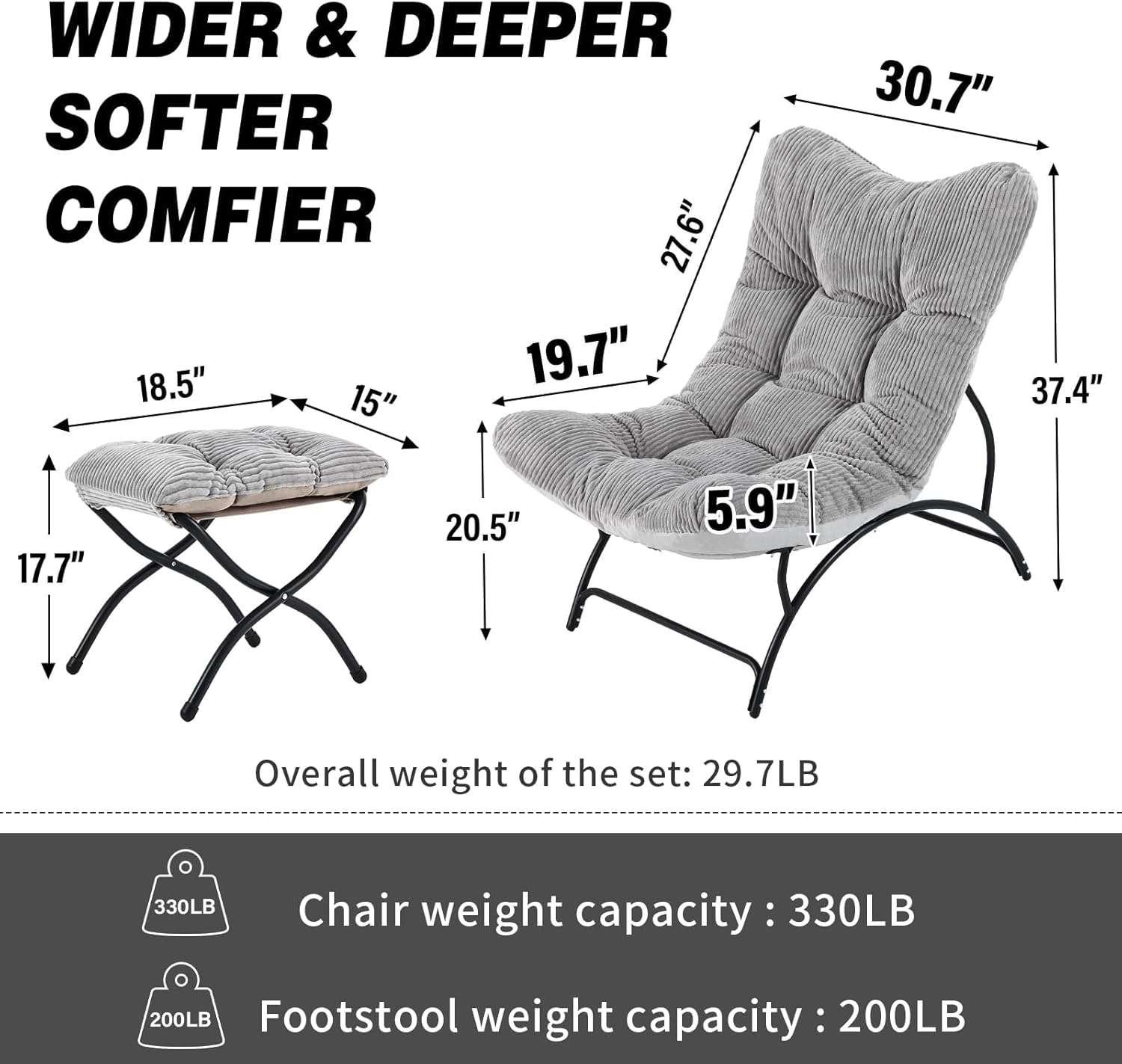 Welnow Modern Accent Chair with Ottoman, Upholstered Comfy Lounge Recliner Sofa, Thick Cushion Oversized Lazy Reading Chair with Footrest for Living Room, Bedroom, Apartment, Office, Dorm, Light Grey