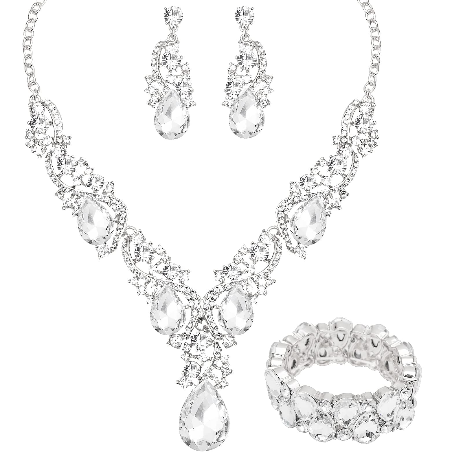 CSY Women's Elegant Bridal Necklace Earrings Stretch Bangle Bracelsts Set for Bride Bridesmaid Wedding Teardrop Crystal Costume Jewelry Sets