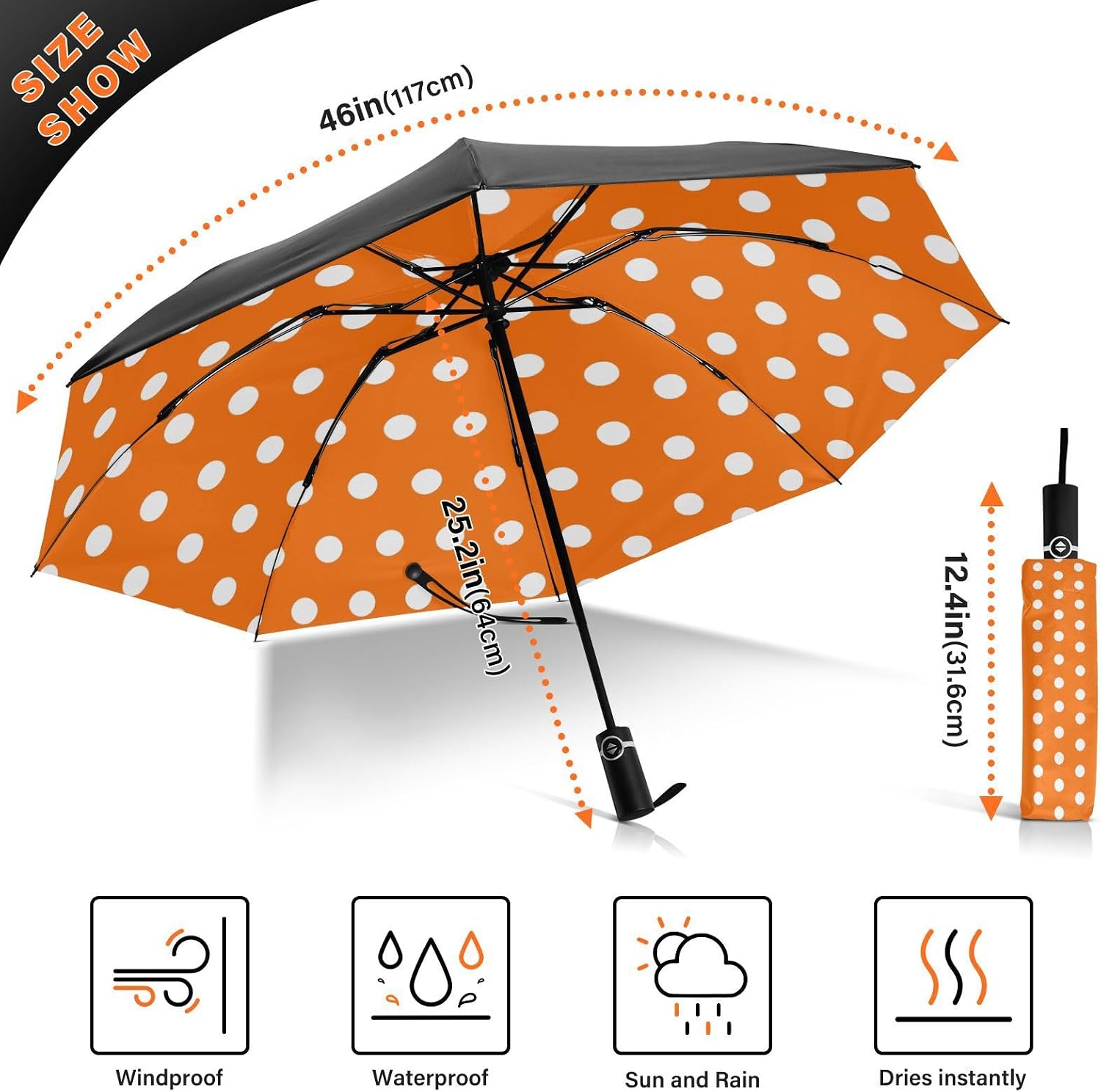 Automatic Folding Umbrella for Rain, Polka Dots White Orange Travel Umbrella UV Protection Large Windproof Inverted Umbrella with Cover Bag, 8 Ribs