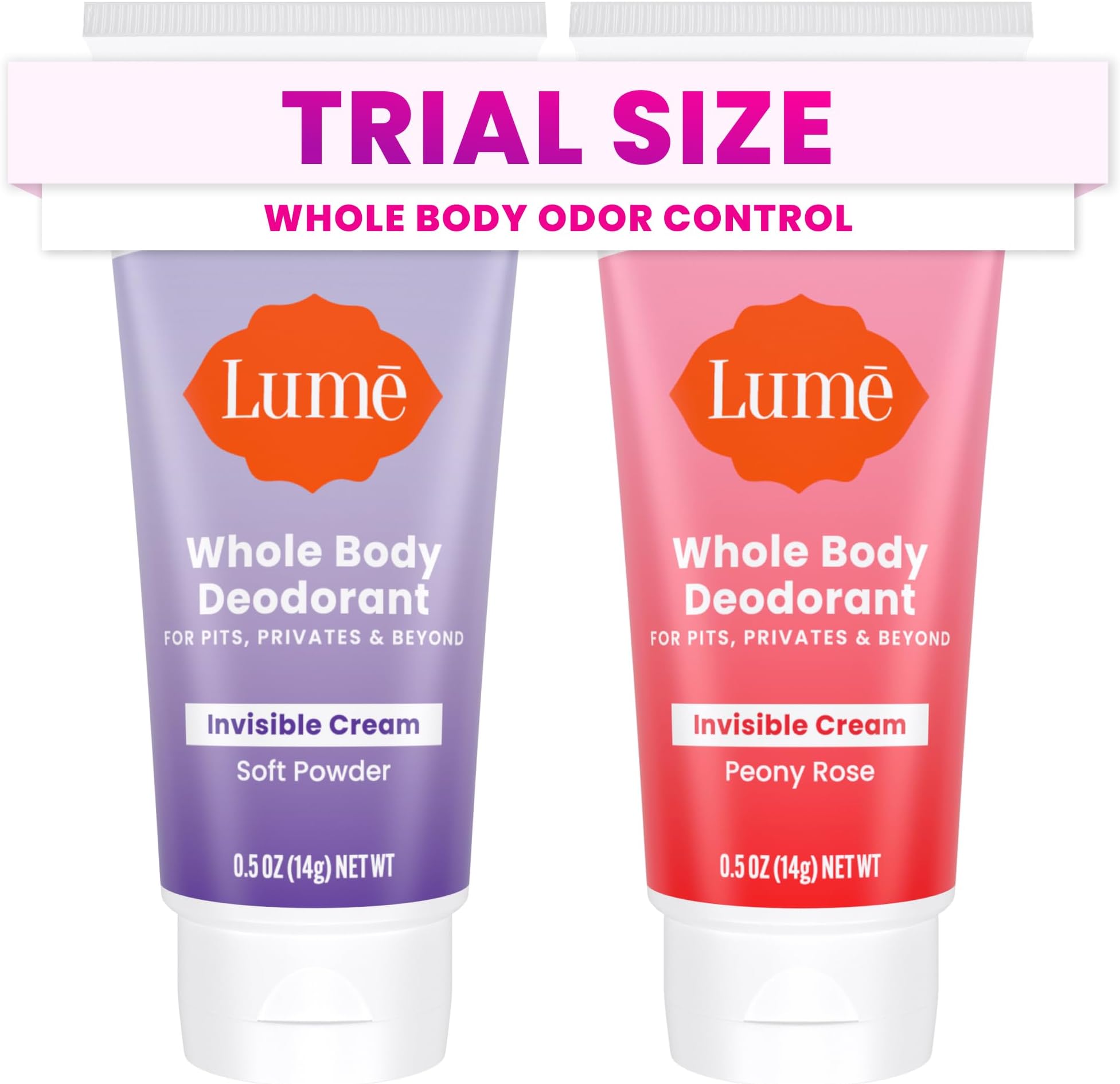 Lume Whole Body Deodorant - Mini Travel Size Invisible Cream Tube - Trial Size - 72 Hour Odor Control - Doctor Developed - Aluminum Free, Baking Soda Free - .5oz (2 Pack) (Soft Powder & Peony Rose)