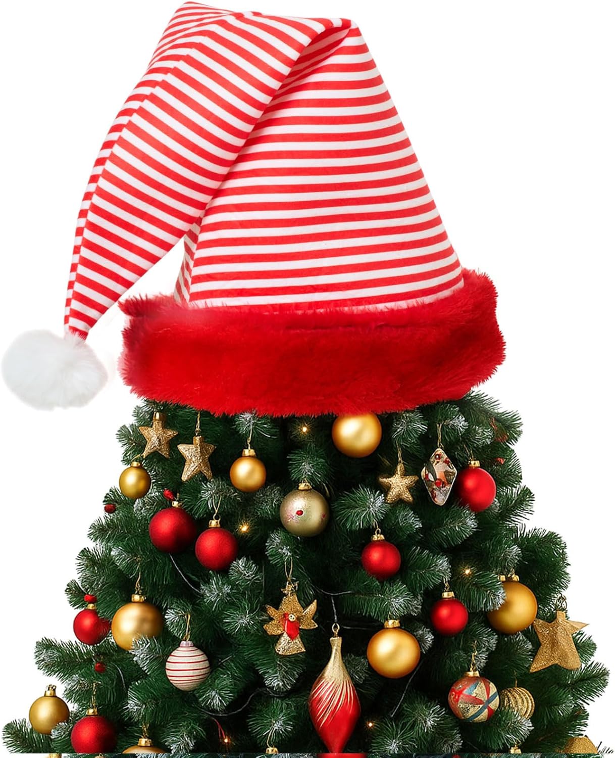 Gejoy 30'' x 16'' Christmas Tree Topper Hat Large Plush Red Black Striped Plaid Santa Hat Christmas Tree Ornaments for Winter Xmas Holidays Party Decorations(Red and White Stripes,Plush)