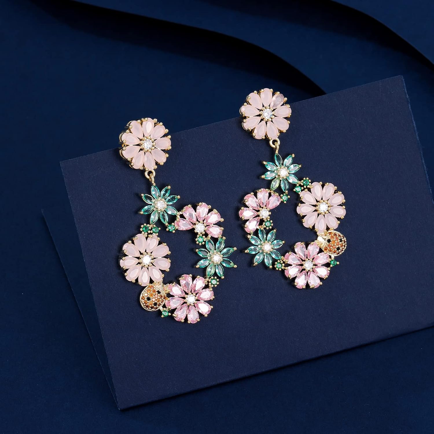 Zircon Gemstone Drop Dangle Earrings, Rhinestone Cluster Earrings Luxury Bridal Flower Fashion Jewelry, 18K Gold Plated 925 Sterling Silver Posts Sparkly Evening Dressy Earrings - Image 2