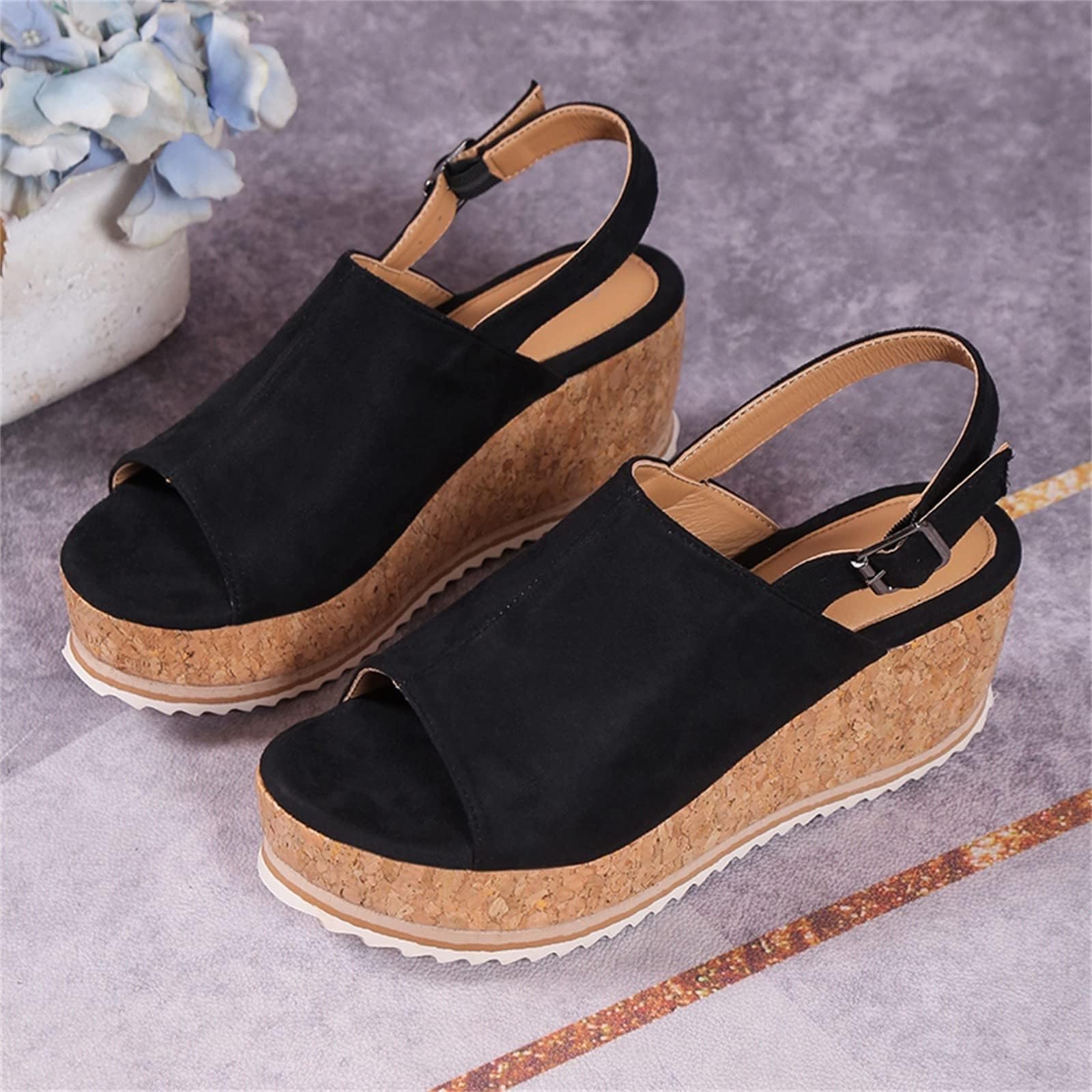 Sandali Donna Platform Wedge Peep Toe Slingback Cork Scarpe da Spiaggia | Donna Estate Casual Tacchi Fibbia Sandali Slip On Platform Slides Sandali Scarpe Passeggiata Dressy Beach