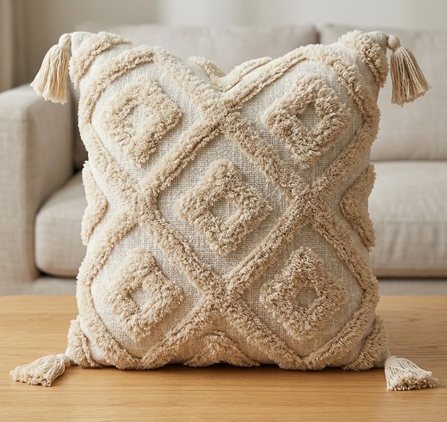 Image of Sofa Cushion Cover Cotton for Living Room Couch Soft Pillow Covers (Natural Small Diamond, 16 x 16 Inch (Pack of 2))