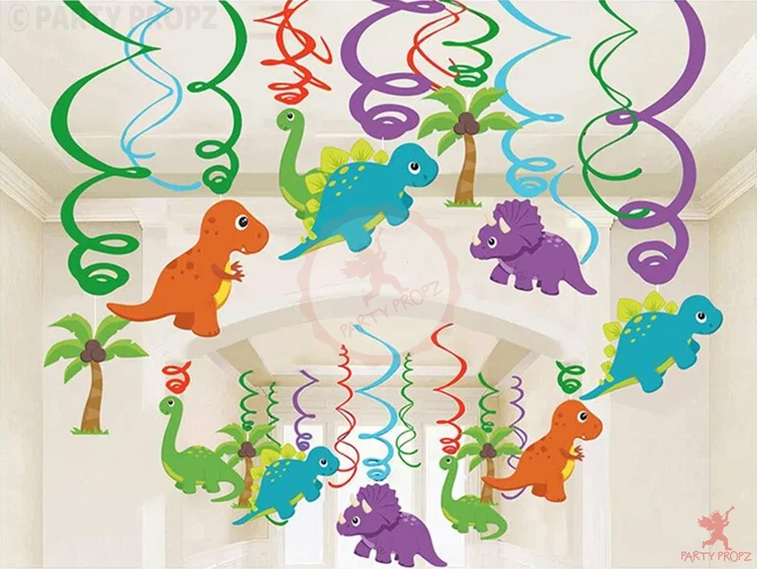 Party Propz Dinosaur Theme Birthday Decoration Swirls for Kids - 12Pcs, Animal Cutouts for Jungle Theme, Paper Decoration for Birthday, Dino Swirls for Ceiling Hanging